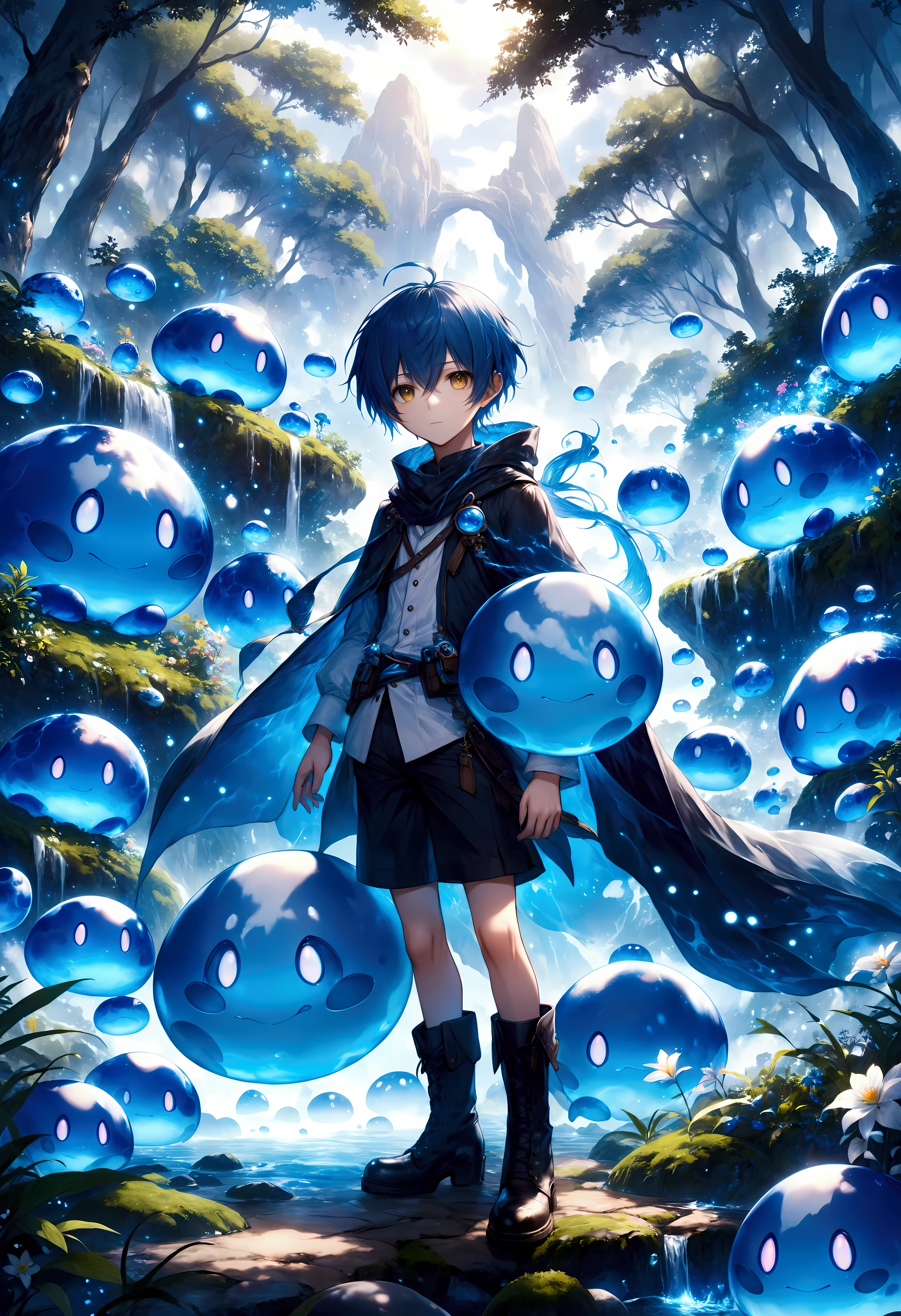 Create a stunning, ultra-high-definition image in 16K resolution that captures the magical and adventurous atmosphere of the fantasy world from the series "That Time I Got Reincarnated as a Slime" with a realistic photo aesthetic. | Visualize Rimuru Tempest, the protagonist, in both his slime and human forms. As a slime, Rimuru is a small, blue, translucent creature with a cute and friendly appearance. In his human form, Rimuru has short, blue hair, golden eyes, and a youthful, androgynous look. He is dressed in stylish yet practical adventurer's attire, featuring a dark cloak, a light tunic, and sturdy boots, blending traditional fantasy elements with subtle contemporary touches. | The scene is set in a lush, enchanted forest with vibrant, glowing flora, and mystical creatures in the background. The environment exudes a sense of wonder and magic. | Capture Rimuru in a dynamic and confident pose, perhaps with his human form standing protectively in front of his slime form. His expression should convey a mix of determination and friendliness, with a hint of curiosity. The camera angle should emphasize both forms, highlighting the details of his attire and his dual nature. | The overall ambiance should integrate rich, vibrant colors and intricate details, creating a sense of depth and immersion in this fantastical setting. Ensure anatomical correctness, with a focus on ultra-detailed textures and high-quality rendering, capturing every nuance of Rimuru's appearance and his magical surroundings. This masterpiece should embody the spirit of adventure and transformation, immersing viewers in its lifelike depiction. | Keywords: (Rimuru Tempest:1.3), ((realistic photo)), ((blue slime):1.2), ((fantasy world)), ((confident pose)).
