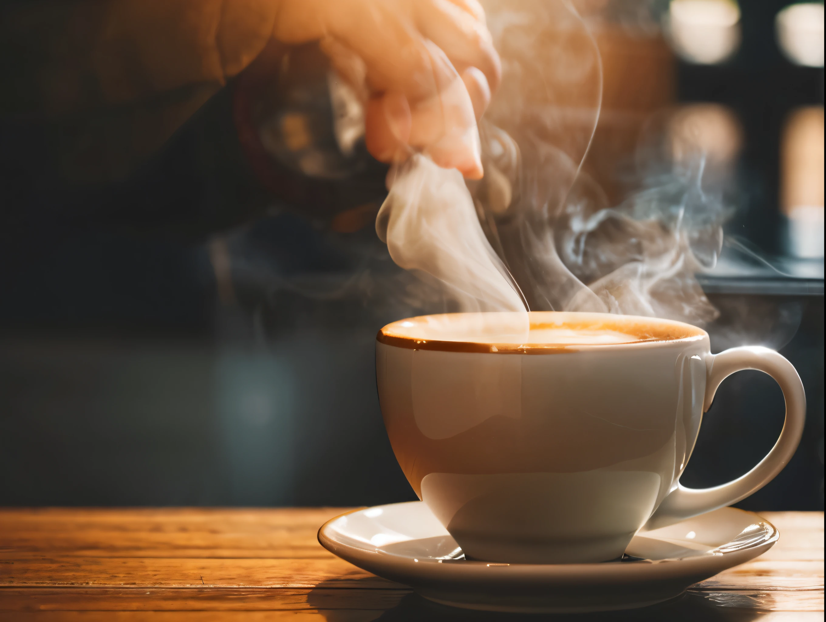 a beautiful detailed coffee cup, steam rising from the cup, warm lighting, intricate latte art, muted colors, shallow depth of field, photorealistic, 8k, high quality