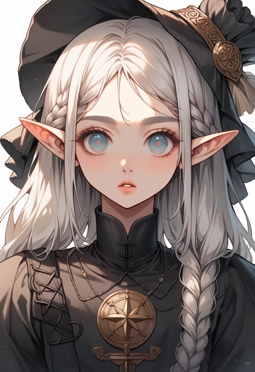 Female, Elf, 23 years old, Endomorphic body, Bronze skin, Silver hair, Long hair, Simple hairstyle, Round face, Almond eyes, Asymmetrical lips, Medium eyebrows, Angled eyebrows, Large nose, Roman nose, Dressed in the clothes of a medieval fantasy wanderer