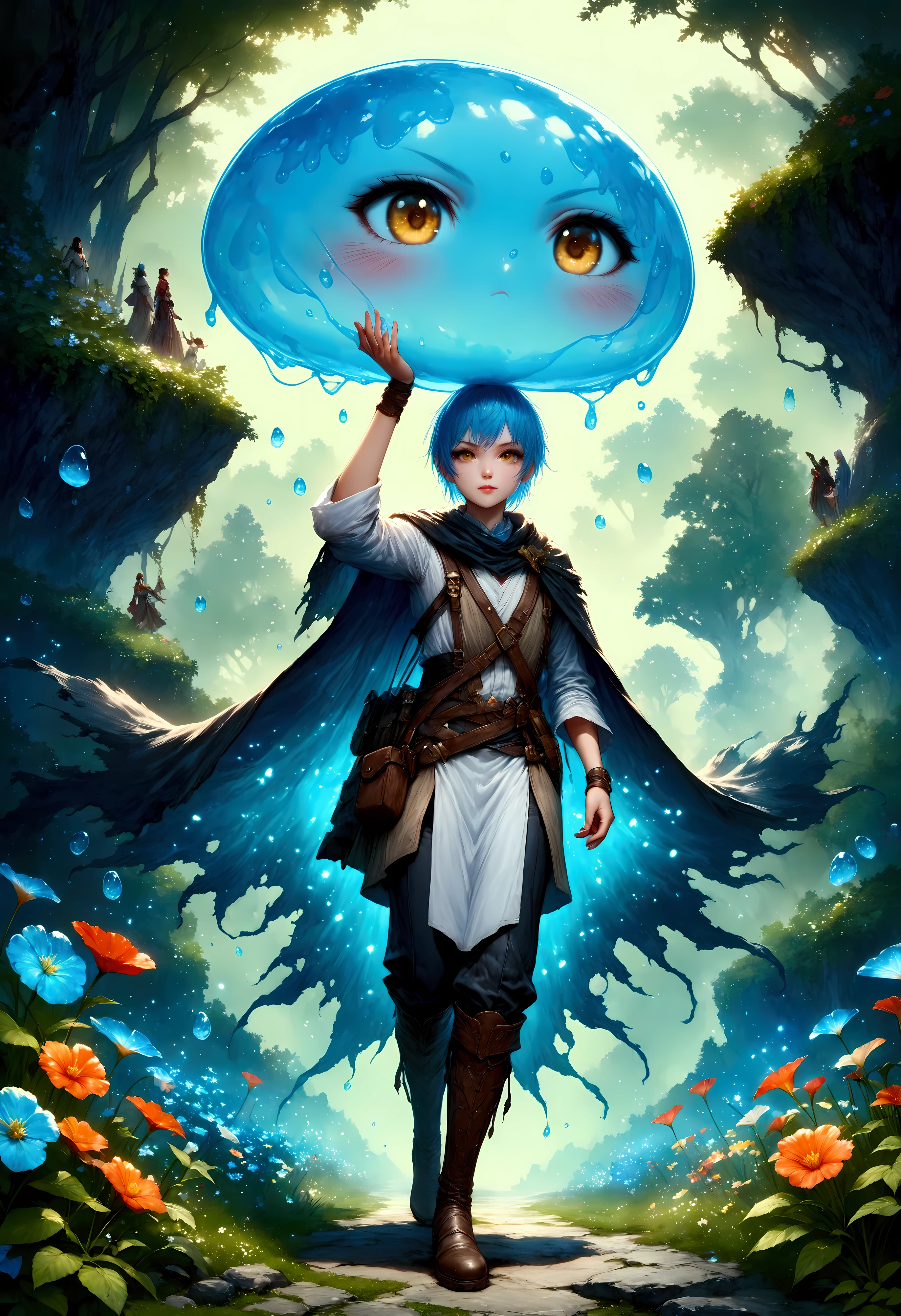 Create a stunning, ultra-high-definition image in 16K resolution that captures the magical and adventurous atmosphere of the fantasy world from the series "That Time I Got Reincarnated as a Slime" with a realistic photo aesthetic. | Visualize Rimuru Tempest, the protagonist, in both his slime and human forms. As a slime, Rimuru is a small, blue, translucent creature with a cute and friendly appearance. In his human form, Rimuru has short, blue hair, golden eyes, and a youthful, androgynous look. He is dressed in stylish yet practical adventurer's attire, featuring a dark cloak, a light tunic, and sturdy boots, blending traditional fantasy elements with subtle contemporary touches. | The scene is set in a lush, enchanted forest with vibrant, glowing flora, and mystical creatures in the background. The environment exudes a sense of wonder and magic. | Capture Rimuru in a dynamic and confident pose, perhaps with his human form standing protectively in front of his slime form. His expression should convey a mix of determination and friendliness, with a hint of curiosity. The camera angle should emphasize both forms, highlighting the details of his attire and his dual nature. | The overall ambiance should integrate rich, vibrant colors and intricate details, creating a sense of depth and immersion in this fantastical setting. Ensure anatomical correctness, with a focus on ultra-detailed textures and high-quality rendering, capturing every nuance of Rimuru's appearance and his magical surroundings. This masterpiece should embody the spirit of adventure and transformation, immersing viewers in its lifelike depiction. | Keywords: (Rimuru Tempest:1.3), ((realistic photo)), ((blue slime):1.2), ((fantasy world)), ((confident pose)).