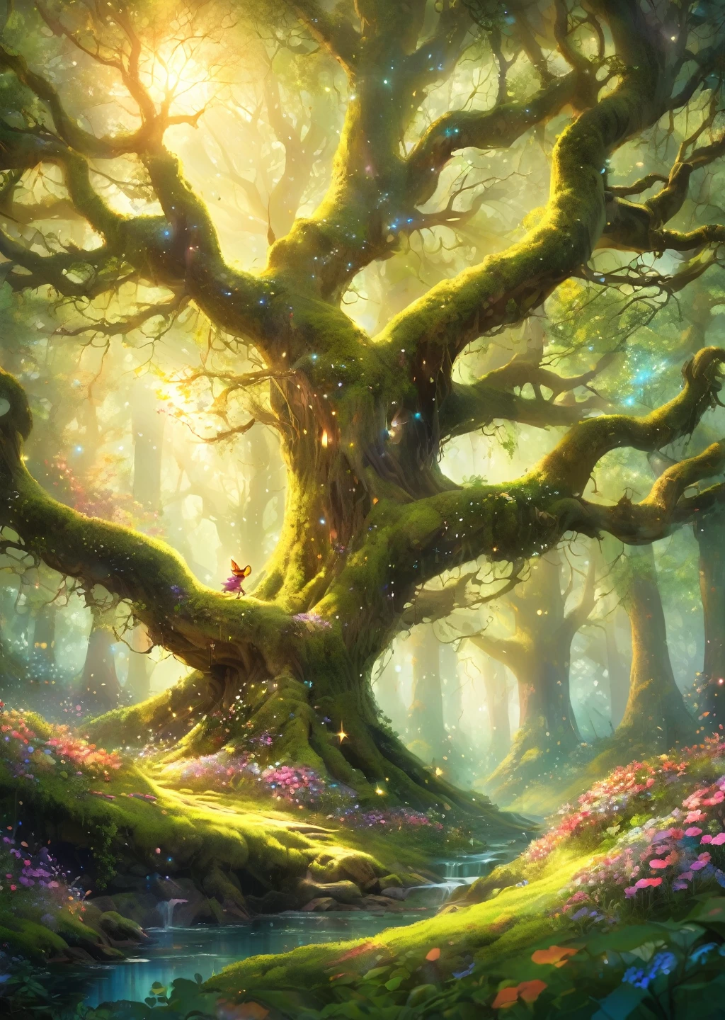 absurdres, highres, ultra detailed, Picture of a dreamy forest, magical forest environment, fantasy style, whimsical art, ethereal composition, 4k, enchanting, vibrant colors, hidden woodland creatures, dancing rays of sunlight, moss-covered trees, blooming flowers, tranquil atmosphere.