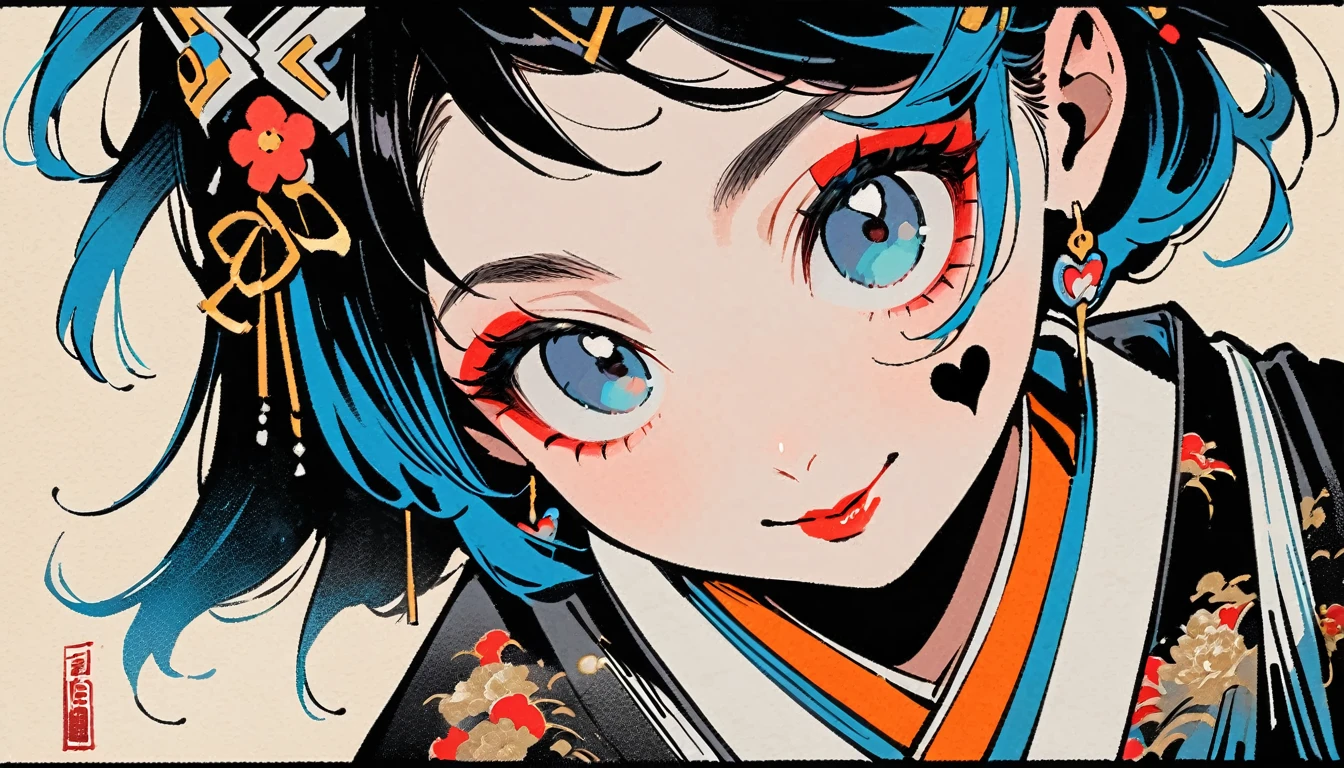 (((Ink Painting))), (((from above))), (((1 female))), (((Heart tattoo on face))), (((Very flashy hair accessories))), (((Very flashy makeup))), Japanese style headphones, devil, face close-up, front view, Japan人の美少女, Black Hair, Delicate and precise, Modern ukiyo-e style,Japan, Droopy eyes, round face, smile, Fuller lips, vivid color