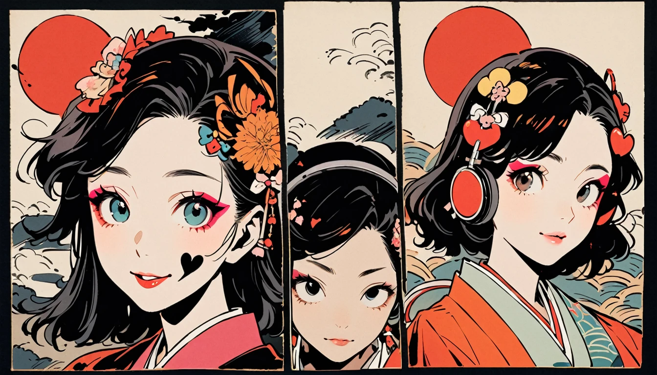 (((Ink Painting))), (((from above))), (((1 female))), (((Heart tattoo on face))), (((Very flashy hair accessories))), (((Very flashy makeup))), Japanese style headphones, devil, face close-up, front view, Japan人の美少女, Black Hair, Delicate and precise, Modern ukiyo-e style,Japan, Droopy eyes, round face, smile, Fuller lips, vivid color
