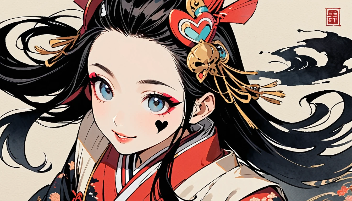 (((Ink Painting))), (((from above))), (((1 female))), (((Heart tattoo on face))), (((Very flashy hair accessories))), (((Very flashy makeup))), Japanese style headphones, devil, face close-up, front view, Japan人の美少女, Black Hair, Delicate and precise, Modern ukiyo-e style,Japan, Droopy eyes, round face, smile, Fuller lips, vivid color