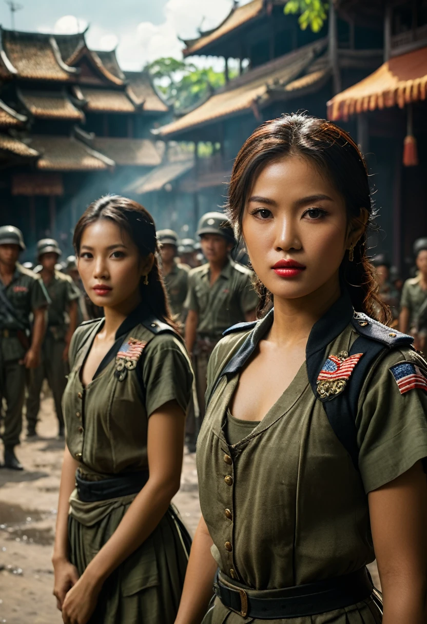 Soldiers the America man and thai women, background cinematic 1980s, hyper realistic, ultra detailed hyper realistic, photorealistic, Studio Lighting, reflections, dynamic pose, Cinematic, historical accuracy, Color Grading, Photography, Shot on 50mm lens, Ultra-Wide Angle, Depth of Field, hyper-detailed, beautifully color, 8k