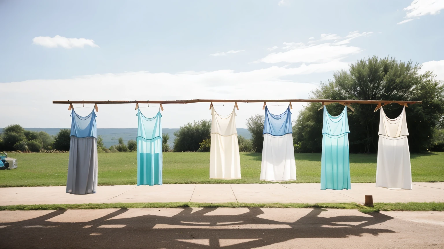 Real scene picture,Clothes drying scene,There are women's and men's clothes and fabrics in different materials, colors and styles.,Background with blue sky and white clouds,Bright colors