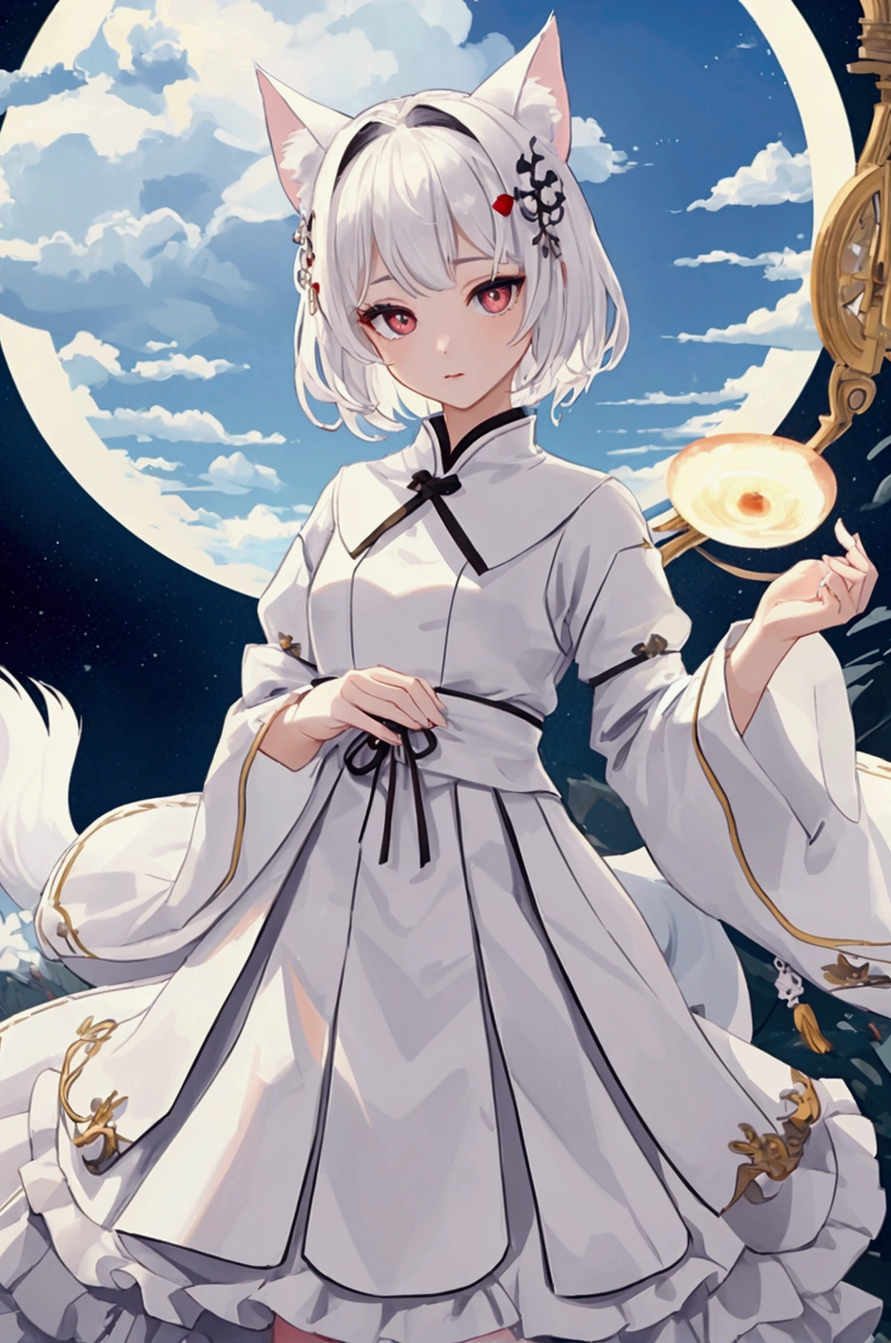 ((Highest quality)), ((masterpiece)), (detailed), NSFW One girl, cute Five fingers Small wolf ears White Shorthair Petite Normal chest No human ears Big eyes Her eyes are black Droopy eyes first round White samurai White skirt for lower body Holding a white circular shield The background is a mountain road