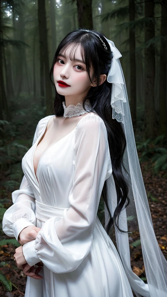 Vampire woman in white long-sleeved dress　Loose sleeves　long black hair　Ribbon on chest　Wearing a veil　She is spreading her arms to tempt the man.　photograph　whole body　The background is a misty forest　Mystical feeling