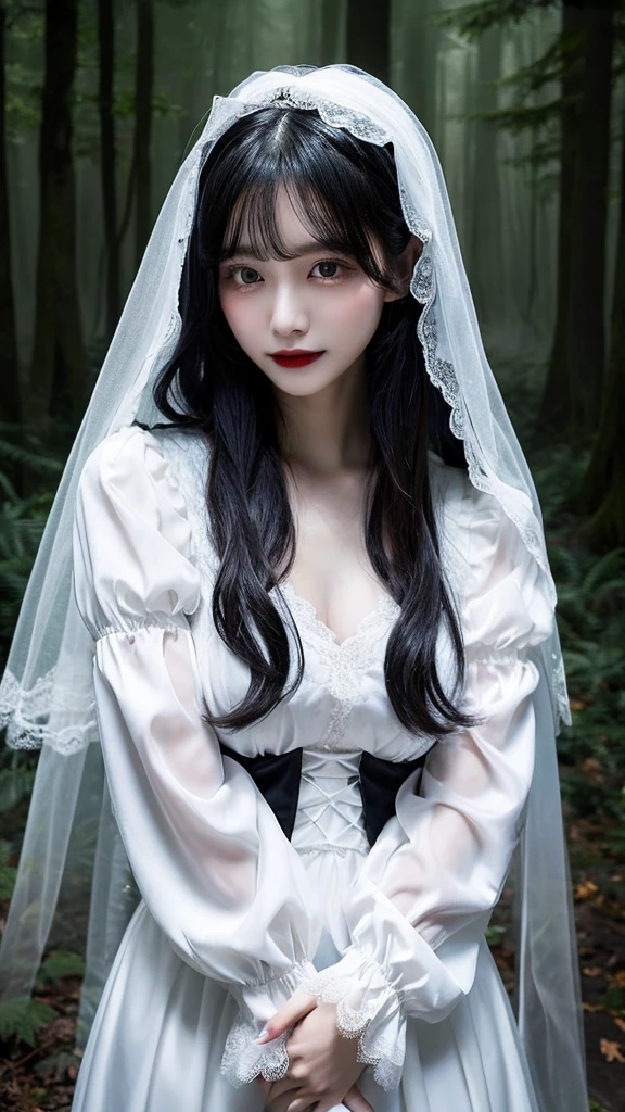 Vampire woman in white long-sleeved dress Loose sleeves long black hair Ribbon on chest Wearing a veil She is spreading her arms to tempt the man. photograph whole body The background is a misty forest Mystical feeling