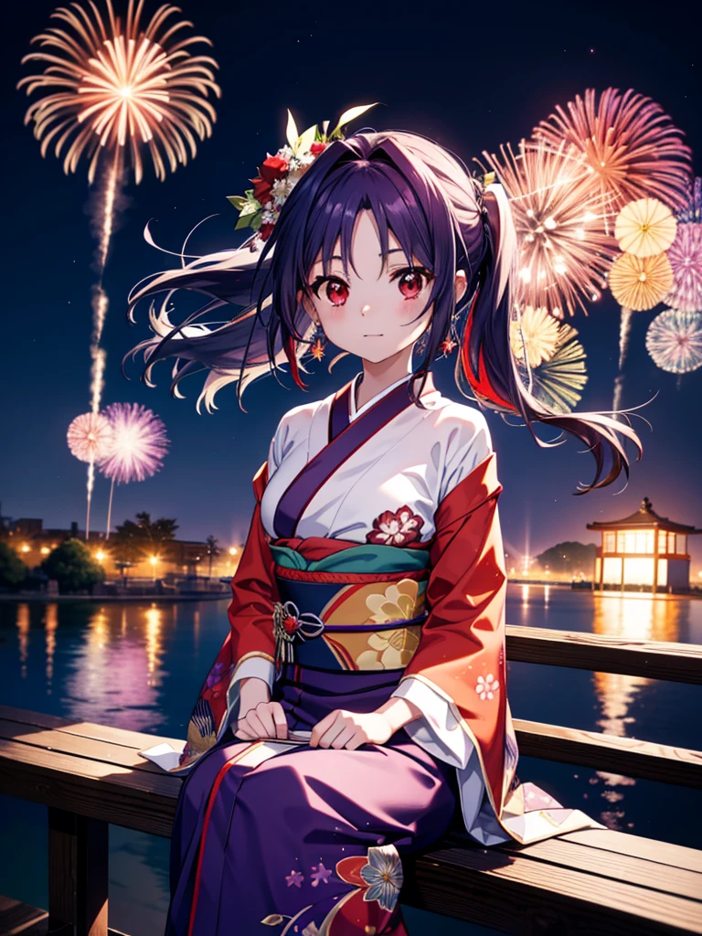 yuukikonno, Yuuki Konno, hair band, Long Hair, Pointed Ears, Purple Hair, Ahoge,(Red eyes:1.5), (Small breasts:1.2),low twin tail,smile,blush,Open your mouth,Purple Kimono,Purple long skirt,Fireworks in the night sky,Fireworks,The place is a fireworks display,Time is night,sunny day,Sitting on a bench,Wind Chimes,whole bodyがイラストに入るよう,
break looking at viewer, , whole body, (Cowboy Shot:1. 5)
break indoors, Veranda,Japanese garden,
break (masterpiece:1.2), Highest quality, High resolution, unity 8k wallpaper, (figure:0.8), (Beautiful attention to detail:1.6), Highly detailed face, Perfect lighting, Highly detailed CG, (Perfect hands, Perfect Anatomy),