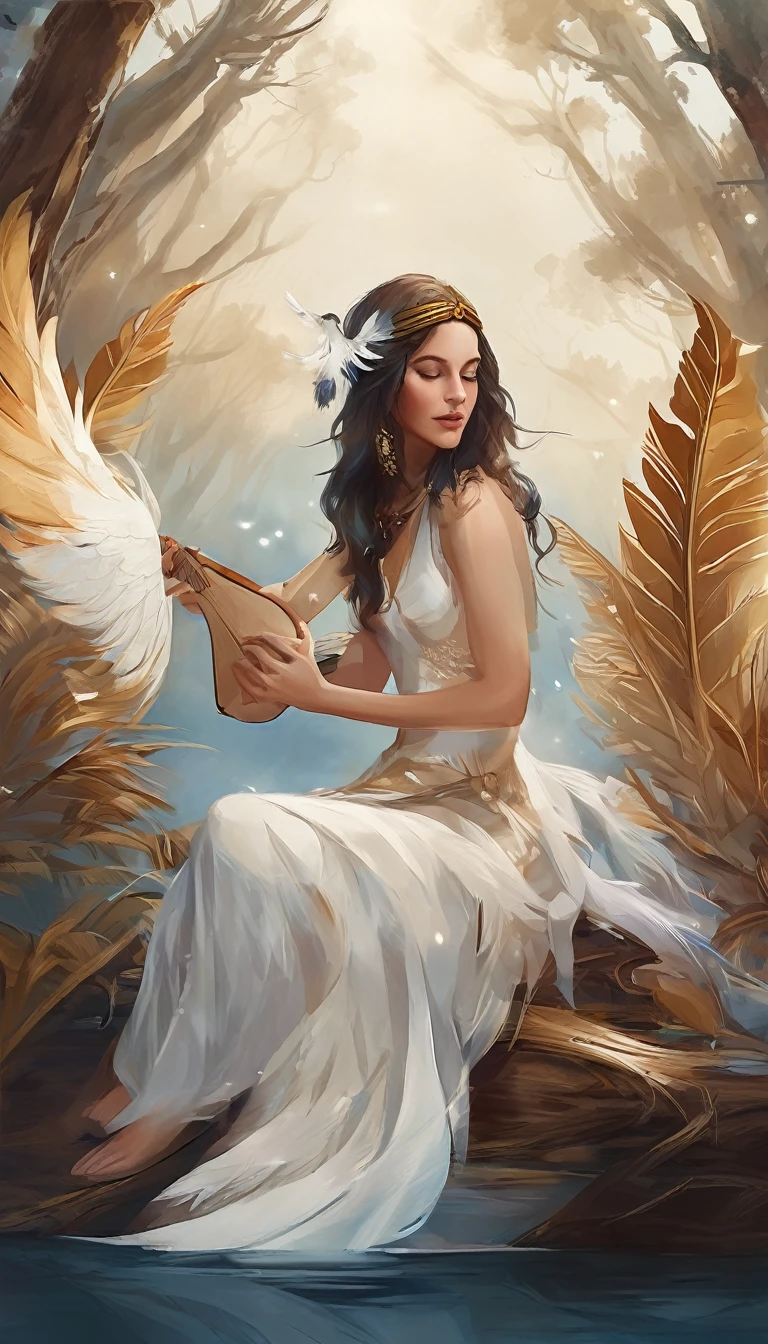 Create a cinematic, abstract symbol for a storytelling production brand based on stories and dreams called " Penamemoria". The logo should convey a fantasy theme and include the company of a boy and a feather. Fantastic, memorable, poetic, dreamy, sitting against a tree and playing guitar to a fantastic, unique, poetic white-blue-golden feather.
