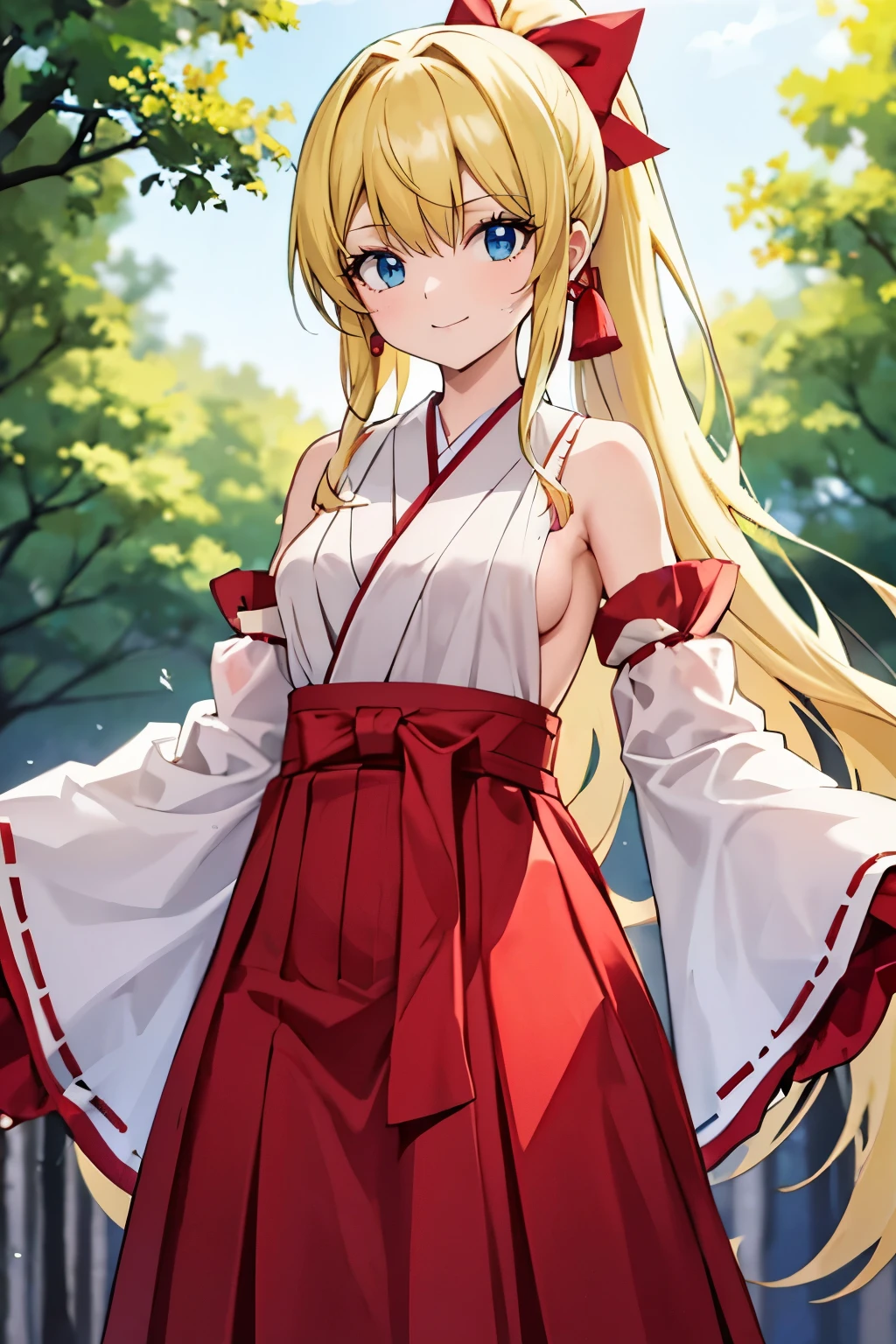 Safe for work, masterpiece, best quality, solo, 1 girl,   (young female body:1.4), ( medium breasts), slender legs, golden yellow hair, extra long hair, blunt bangs, crystal blue eyes, very detailed eyes, forest shrine, standing,  cute girl, cowboy shot, shrine maiden, ponytail, long dress, red long shrine maiden robe, detached sleeves, red hakama skirt, long skirt