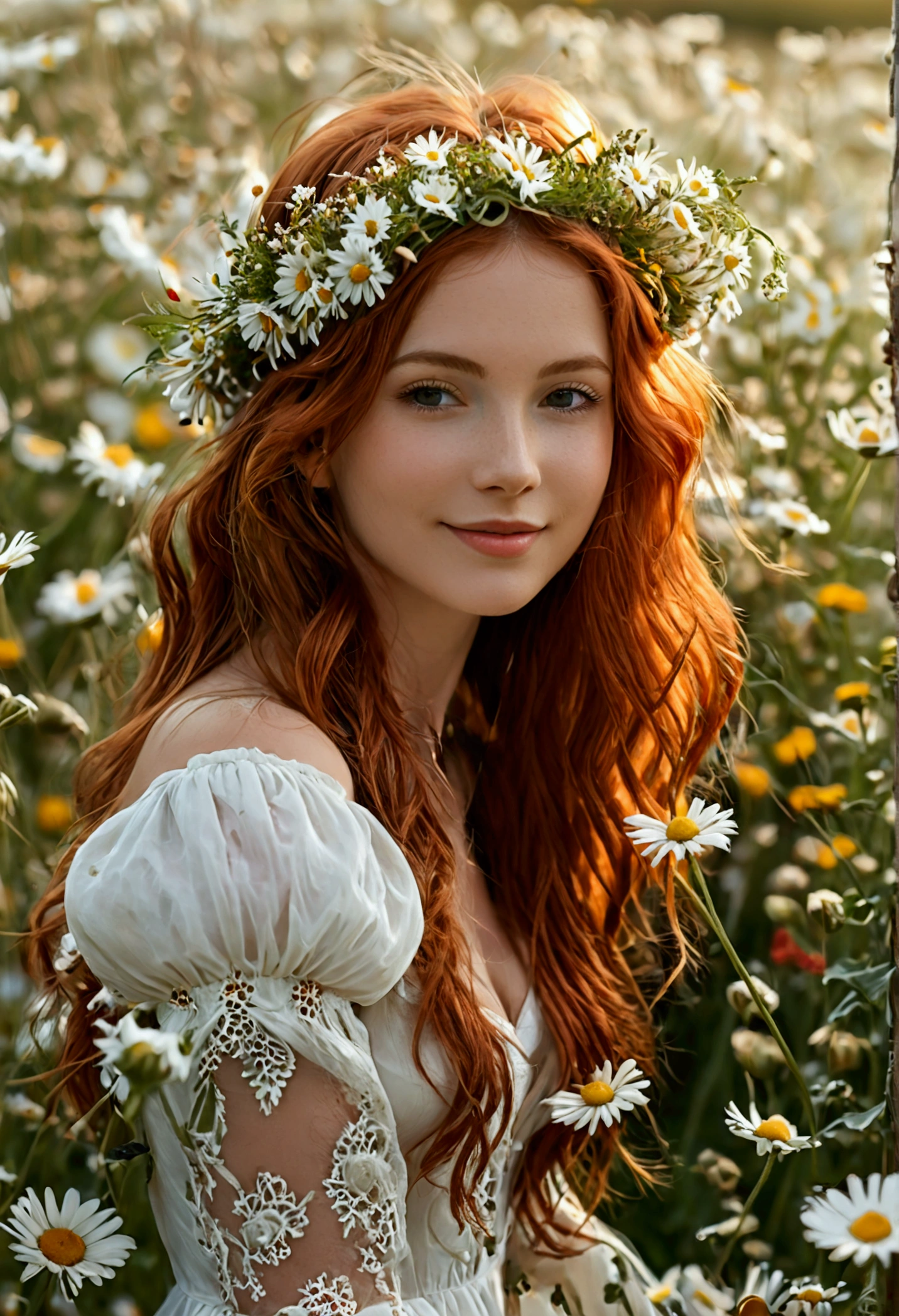 (full body shot:1.7) photorealistic image of a (leaning pose:1.1) woman, ultra realistic, photography, long red hair, girl, 24 years old, hourglass figure, perfect body, Flirty look, natural medium breasts, blur background, walking through a field of daisies, wearing a long white dress, wearing a flowercrown, smiling