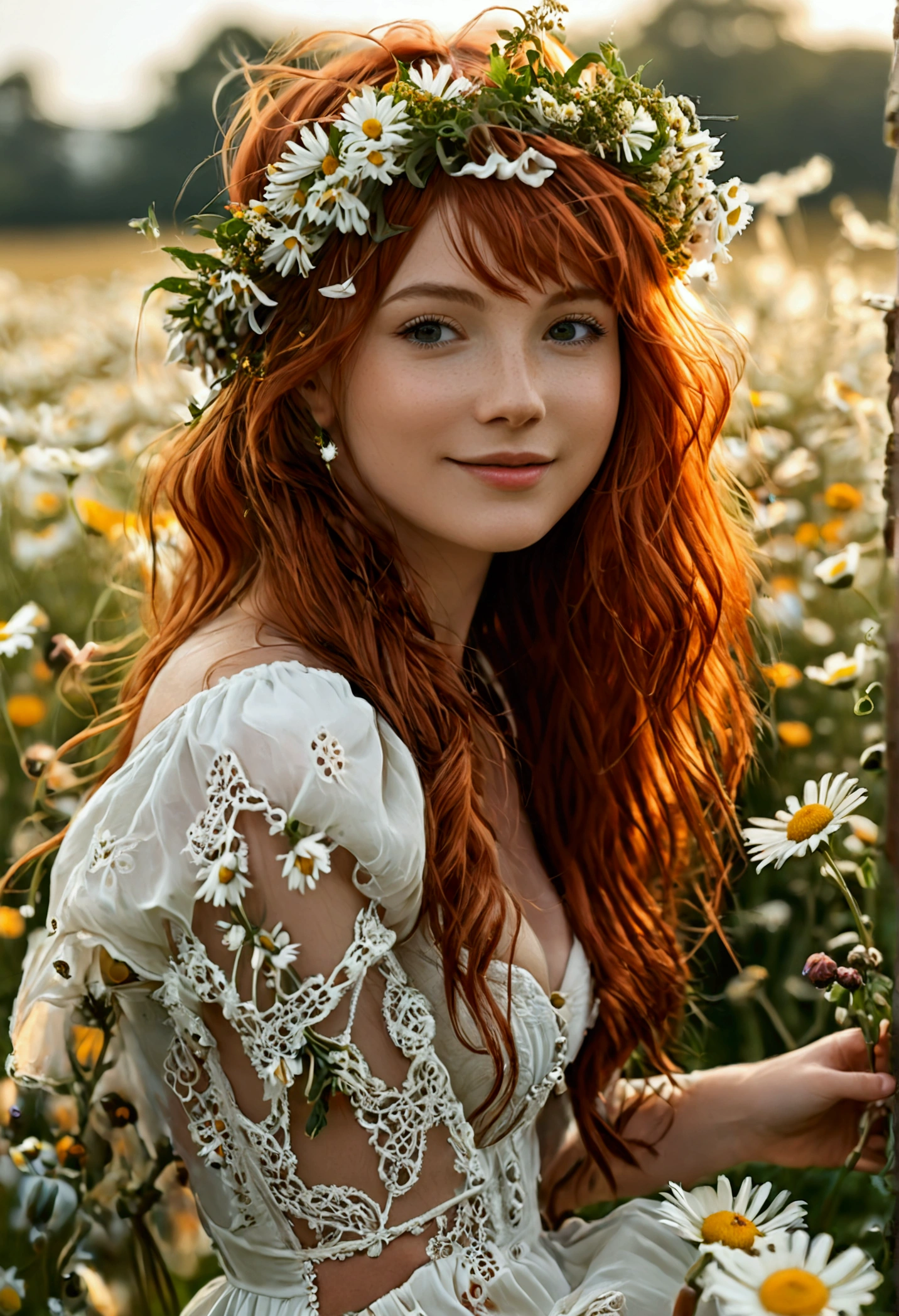 (full body shot:1.7) photorealistic image of a (leaning pose:1.1) woman, ultra realistic, photography, long red hair, girl, 24 years old, hourglass figure, perfect body, Flirty look, natural medium breasts, blur background, walking through a field of daisies, wearing a long white dress, wearing a flowercrown, smiling