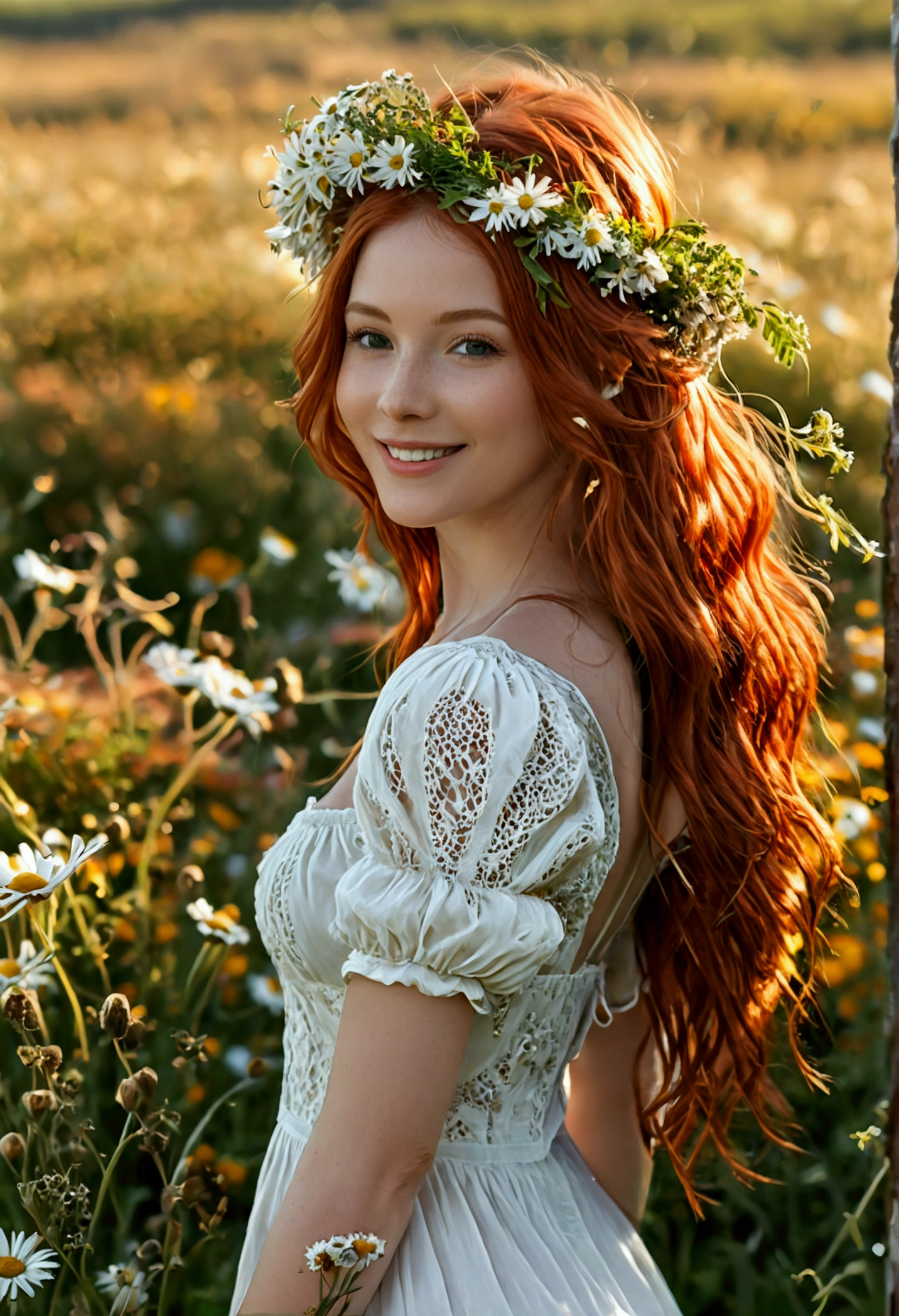 (full body shot:1.7) photorealistic image of a (leaning pose:1.1) woman, ultra realistic, photography, long red hair, girl, 24 years old, hourglass figure, perfect body, Flirty look, natural medium breasts, blur background, walking through a field of daisies, wearing a long white dress, wearing a flowercrown, smiling