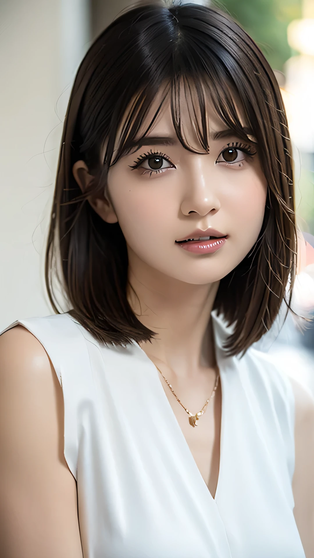 (Highest quality, 8k, 32K, masterpiece, Ultra-high resolution: 1.2), Cute Japanese Women Photos, Very short bob hair, Face Focus, (Extra Large_Short length shirt,:1.1) necklace, Simple Background, Watch Viewer, Leaning forward, whole body