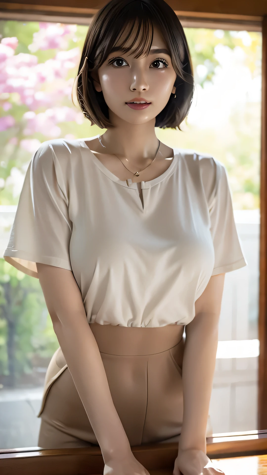 (Highest quality, 8k, 32K, masterpiece, Ultra-high resolution: 1.2), Cute Japanese Women Photos, Very short bob hair, Face Focus, (Extra Large_Short length shirt,:1.1) necklace, Simple Background, Watch Viewer, Leaning forward, whole body