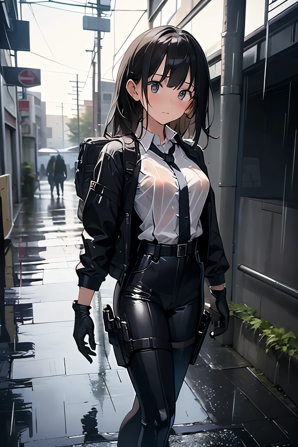 1 female, , high quality, masterpiece, Ultra-high resolution, , Cinema Lighting, , , And the suspenders with the cranes flying Large Breasts Small face holster Lying in bed Looking up Sweat belt summer 脇Sweat Black Hole Gloves suit shirt Black jacket Black trousers Leg Links ズボンにbelt holster Hands behind your back Anxious expression Looking up Anxious face, legs apart Armament Cable ties レッグholster holster See-through clothing heavy rain Getting wet in the rain