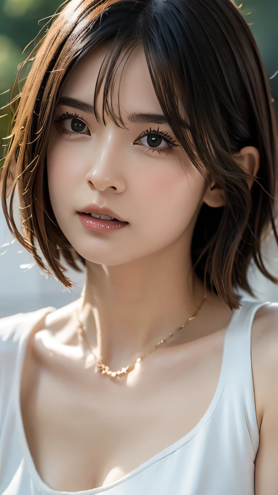 (Highest quality, 8k, 32K, masterpiece, Ultra-high resolution: 1.2), Cute Japanese Women Photos, Very short bob hair, Face Focus, (Extra Large_Short length shirt,:1.1) necklace, Simple Background, Watch Viewer, Leaning forward, whole body