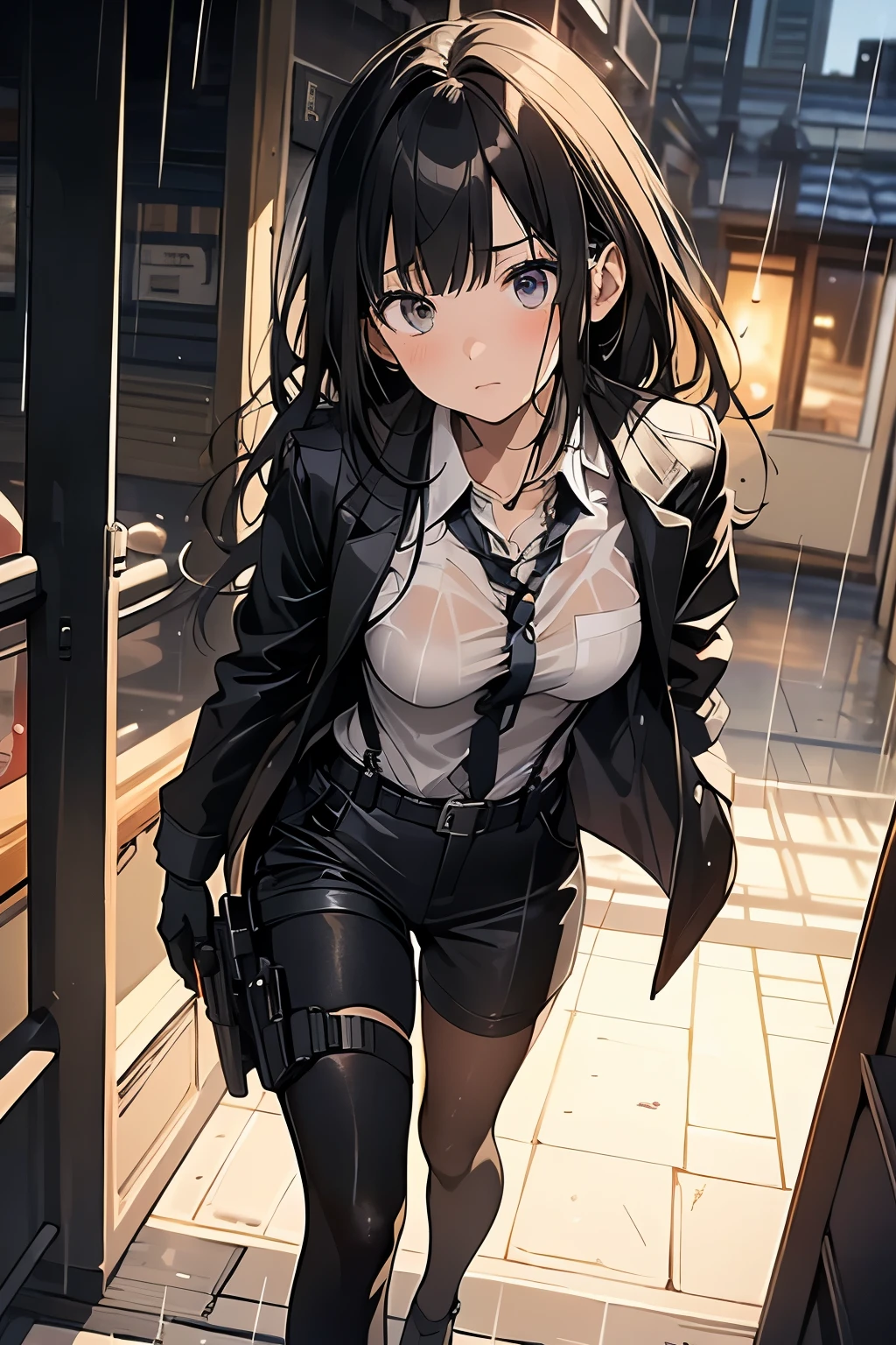 1 female, , high quality, masterpiece, Ultra-high resolution, , Cinema Lighting, , , And the suspenders with the cranes flying Large Breasts Small face holster Lying in bed Looking up Sweat belt summer 脇Sweat Black Hole Gloves suit shirt Black jacket Black trousers Leg Links ズボンにbelt holster Hands behind your back Anxious expression Looking up Anxious face, legs apart Armament Cable ties レッグholster holster See-through clothing heavy rain Getting wet in the rain