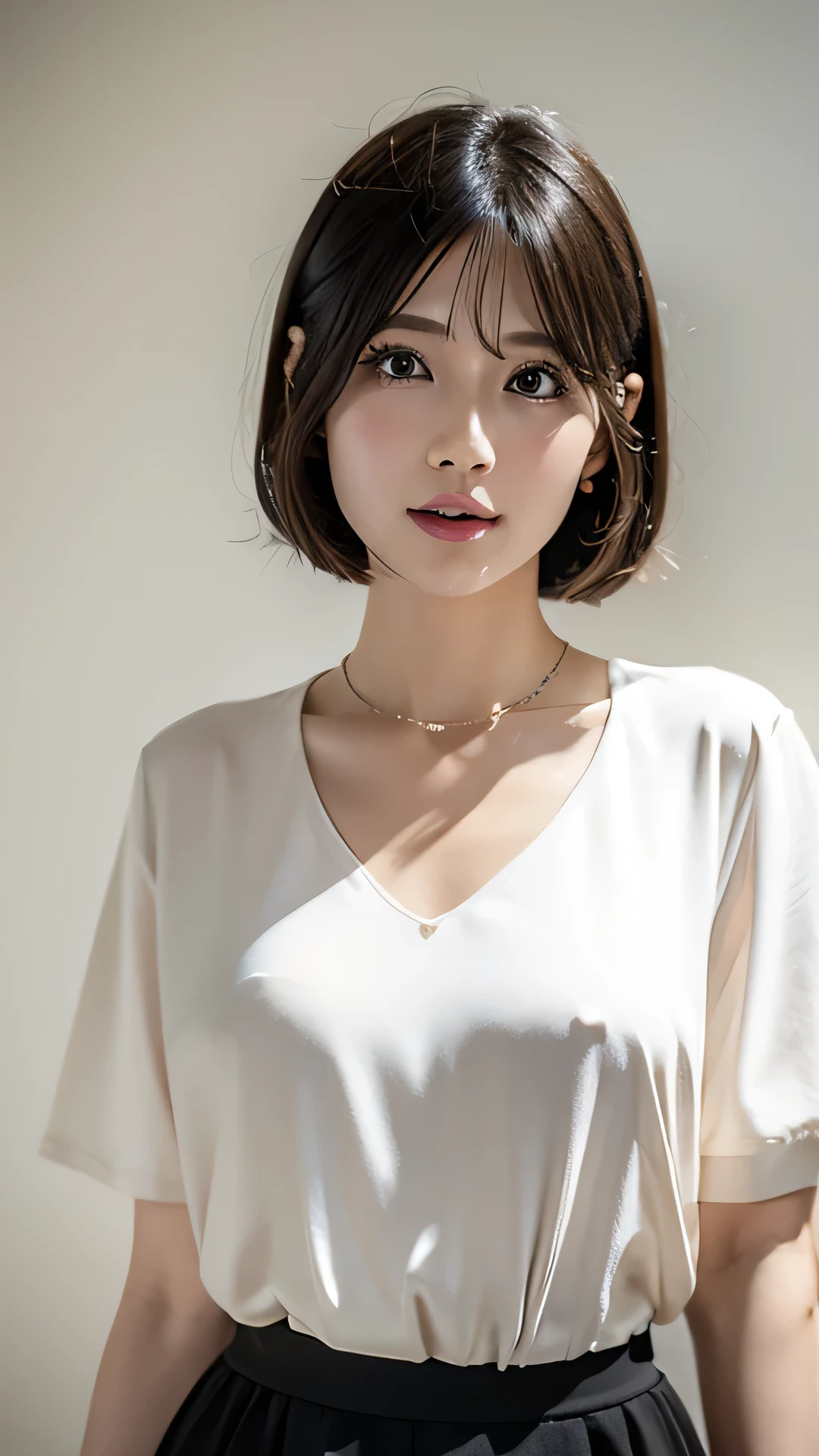 (Highest quality, 8k, 32K, masterpiece, Ultra-high resolution: 1.2), Cute Japanese Women Photos, Very short bob hair, Face Focus, (Extra Large_Short length shirt,:1.1) necklace, Simple Background, Watch Viewer, Leaning forward, whole body