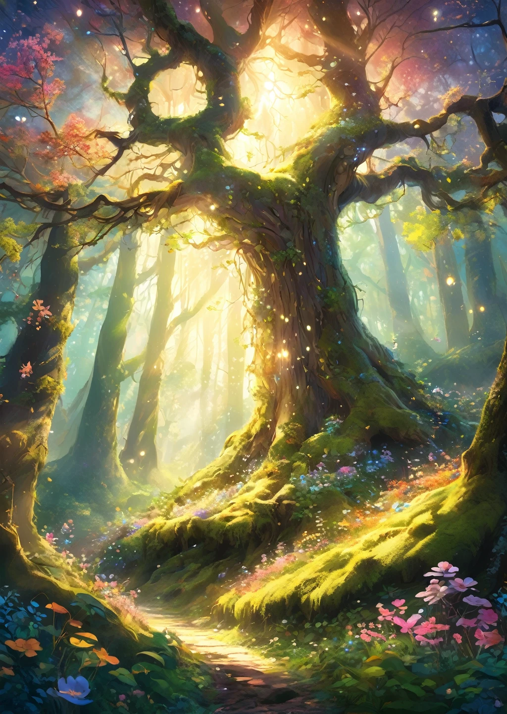 absurdres, highres, ultra detailed, Picture of a dreamy forest, magical forest environment, fantasy style, whimsical art, ethereal composition, 4k, enchanting, vibrant colors, hidden woodland creatures, dancing rays of sunlight, moss-covered trees, blooming flowers, tranquil atmosphere.