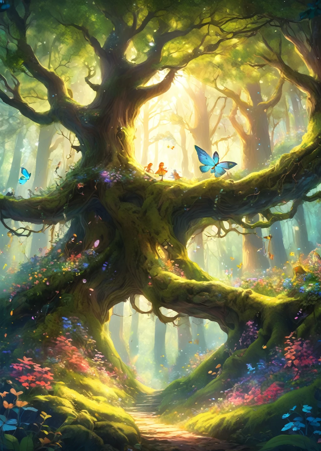 absurdres, highres, ultra detailed, Picture of a dreamy forest, magical forest environment, fantasy style, whimsical art, ethereal composition, 4k, enchanting, vibrant colors, hidden woodland creatures, dancing rays of sunlight, moss-covered trees, blooming flowers, tranquil atmosphere.