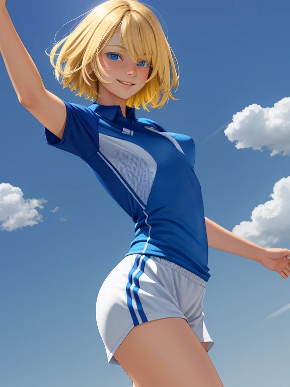 masterpiece, realistic, 8 K, (1 cute 18 year old girl with small firm nicely shaped breasts:1.5), Russian, blue-white-blue football uniform with inscription "Zenith"(soccer uniform:1.3), (Blonde tousled hair:1.1) , shortcut, (shaggy pixie haircut:1.2), beautiful expressive realistic blue eyes, developed athletic muscles, athletic build, looking into the distance, nice smile、half-turn towards the viewer(unconscious virgin sexuality), I don't wear a bra because it's uncomfortable, highest quality human skin texture, Realistic skin, Beautiful face, expressive look, upper body