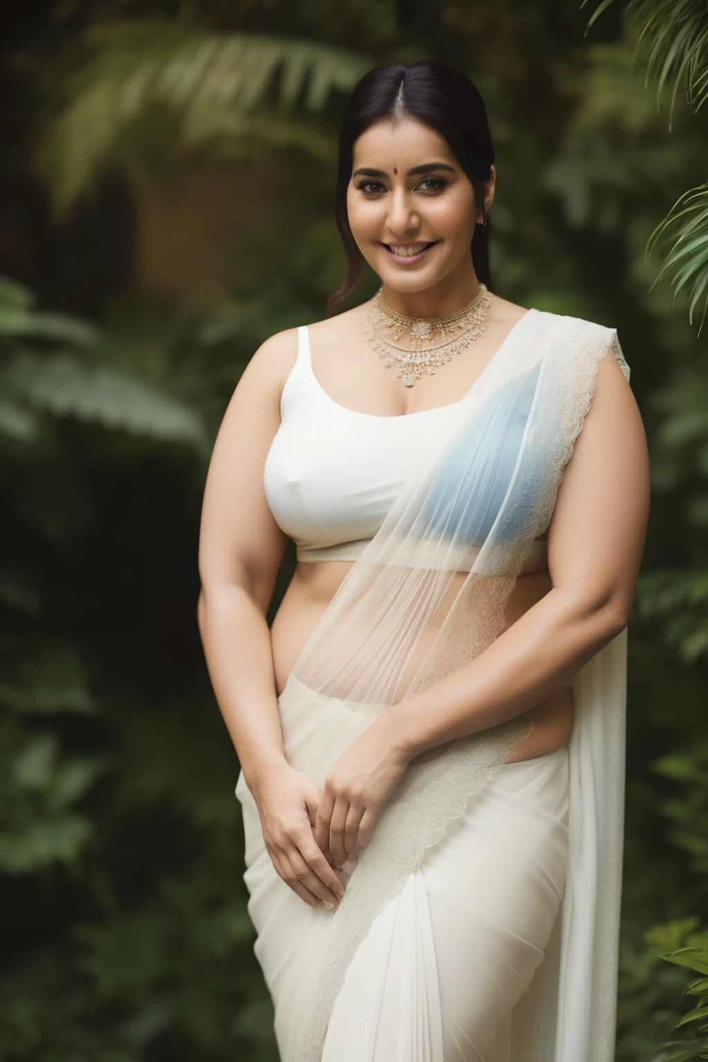 Nsfw, day scene, very thin transparent white saree close up photo of naked (jaya prada:0.1), (big breast) , curvy body, big butts, lace bra, perfect breasts, posing in a garden, hourglass figure, armpits, (blue eyes:1), ponytail, necklace, 30 yo, look at viewer and smile, (cinematic:1.3), intricate details, (ArtStation:1.2)