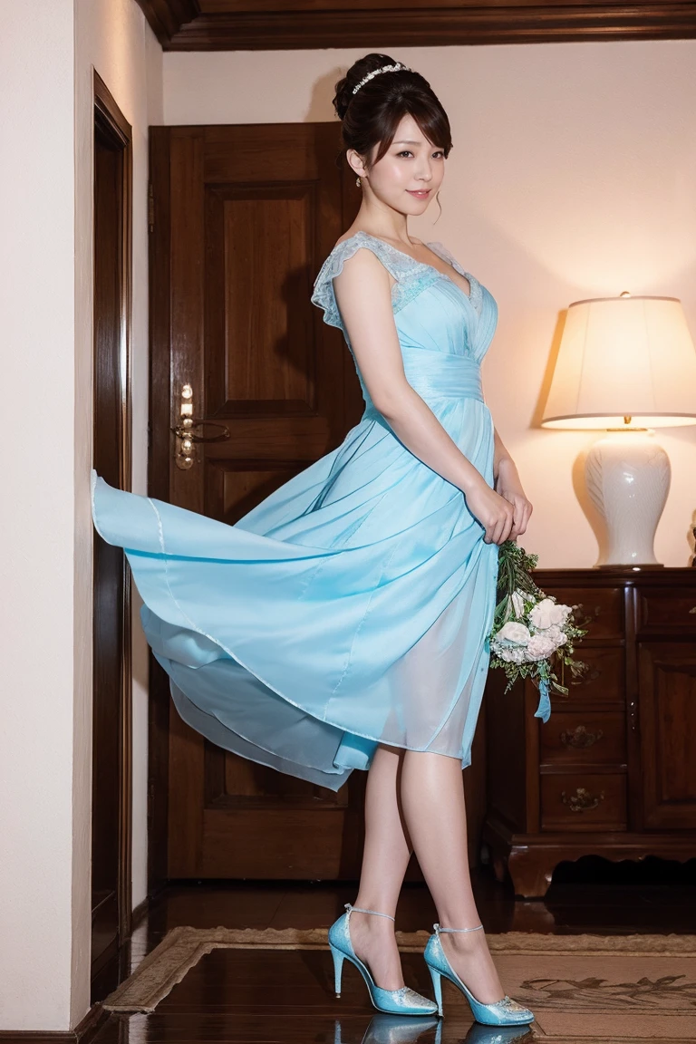 Medium Size Display, Medium Shot, Written boundary depth, Photograph the whole body:1.5, Are standing、Movie angle, masterpiece, Highest quality, Very detailed, CG, 8k wallpaper, Beautiful Face, Delicate eyes, Otome, alone, smile, Light blue dress, bouquet、High heels、Action pose、Taekwondo stance