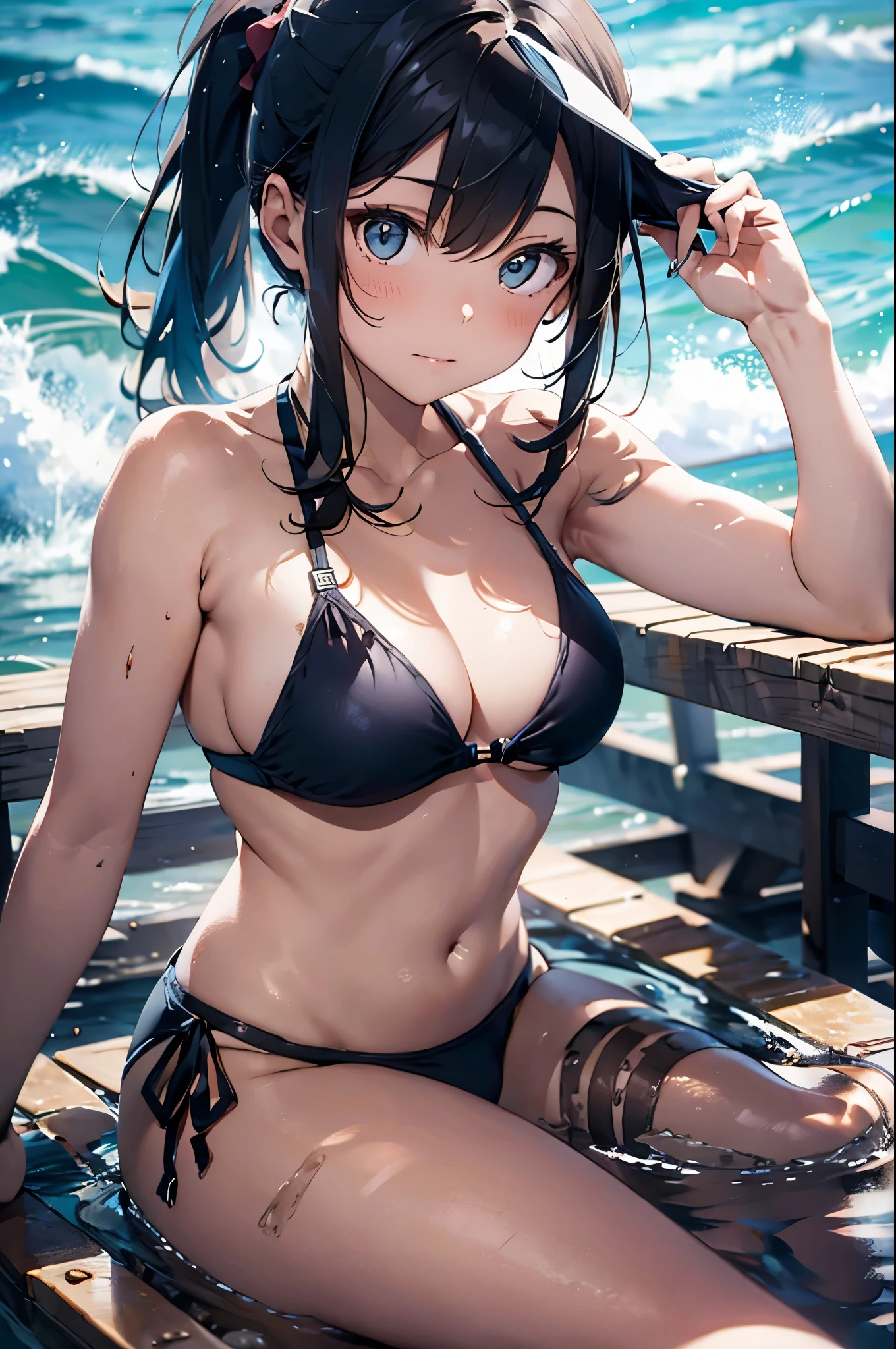 High resolution,topless、
One beautiful young woman,Light blue hair、ponytail、
(Soft Saturation:1.3), (Fair skin:1.2),
(ultra-Detailed Background, Detailed Background), Bokeh,
break&#39;Portrait of a smiling girl.,
When viewed from the front, The composition is symmetrical,
Looking straight at you with serious eyes,
break Swimwear, White Bikini, Center of chest, 
Outdoor, Sea surface, null, sunlight,Summer beach, Sandy Beach,
Strong light, Front lighting, 
(Teen:1.3), (Cowboy Shot:1.2),
Front brake angle,
View your audience,
Dynamic pose,
sitting on the beach

Seaweed、Seaweed、Seaweed、Seaweed、Seaweed、Seaweed、Seaweed、