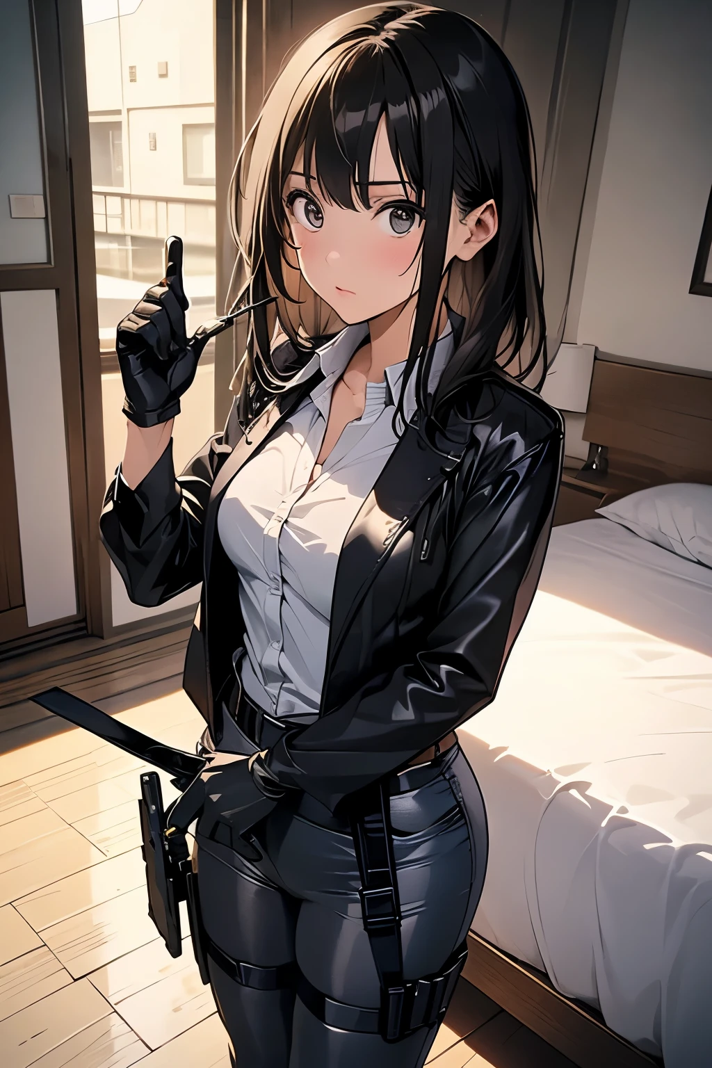 1 female, , high quality, masterpiece, Ultra-high resolution, , Cinema Lighting, , , And the suspenders with the cranes flying Large Breasts Small face holster Lying in bed Looking up Sweat belt summer 脇Sweat Black Hole Gloves suit shirt Black jacket Black trousers Leg Links ズボンにbelt holster Hands behind your back Anxious expression Looking up Anxious face, legs apart Armament Cable ties レッグholster holster See-through clothing heavy rain Getting wet in the rain