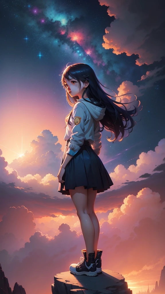 anime girl standing on a rock looking at a star filled sky, makoto shinkai cyril rolando, anime art wallpaper 4k, anime art wallpaper 4 k, anime art wallpaper 8 k, cosmic skies. by makoto shinkai, inspired by Cyril Rolando, in the style dan mumford artwork, amazing wallpaper, by Yuumei