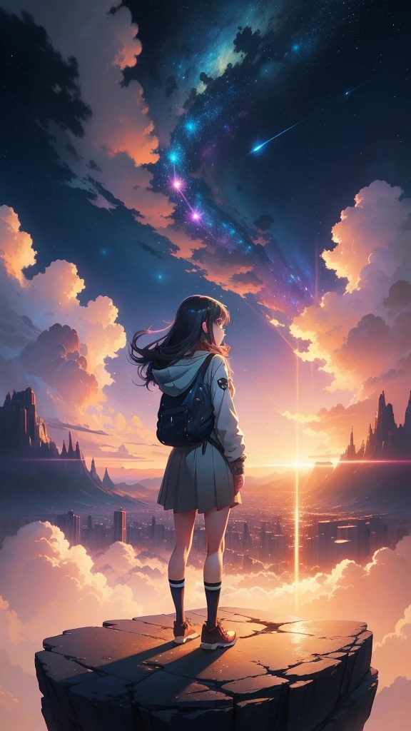 anime girl standing on a rock looking at a star filled sky, makoto shinkai cyril rolando, anime art wallpaper 4k, anime art wallpaper 4 k, anime art wallpaper 8 k, cosmic skies. by makoto shinkai, inspired by Cyril Rolando, in the style dan mumford artwork, amazing wallpaper, by Yuumei