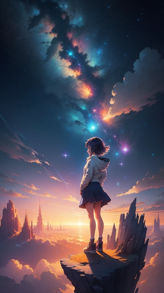 anime girl standing on a rock looking at a star filled sky, makoto shinkai cyril rolando, anime art wallpaper 4k, anime art wallpaper 4 k, anime art wallpaper 8 k, cosmic skies. by makoto shinkai, inspired by Cyril Rolando, in the style dan mumford artwork, amazing wallpaper, by Yuumei