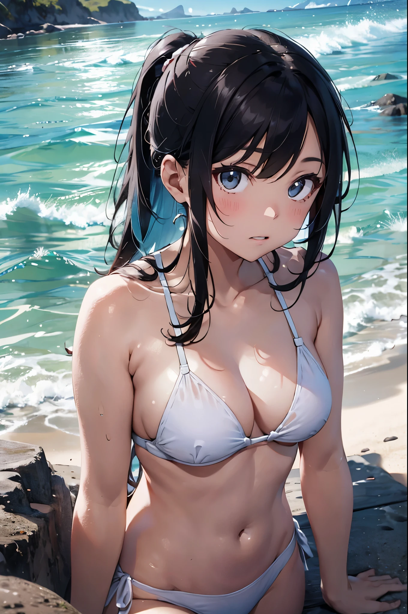 High resolution,topless、
One beautiful young woman,Light blue hair、ponytail、
(Soft Saturation:1.3), (Fair skin:1.2),
(ultra-Detailed Background, Detailed Background), Bokeh,
break&#39;Portrait of a smiling girl.,
When viewed from the front, The composition is symmetrical,
Looking straight at you with serious eyes,
break Swimwear, White Bikini, Center of chest, 
Outdoor, Sea surface, null, sunlight,Summer beach, Sandy Beach,
Strong light, Front lighting, 
(Teen:1.3), (Cowboy Shot:1.2),
Front brake angle,
View your audience,
Dynamic pose,
sitting on the beach

Seaweed、Seaweed、Seaweed、Seaweed、Seaweed、Seaweed、Seaweed、