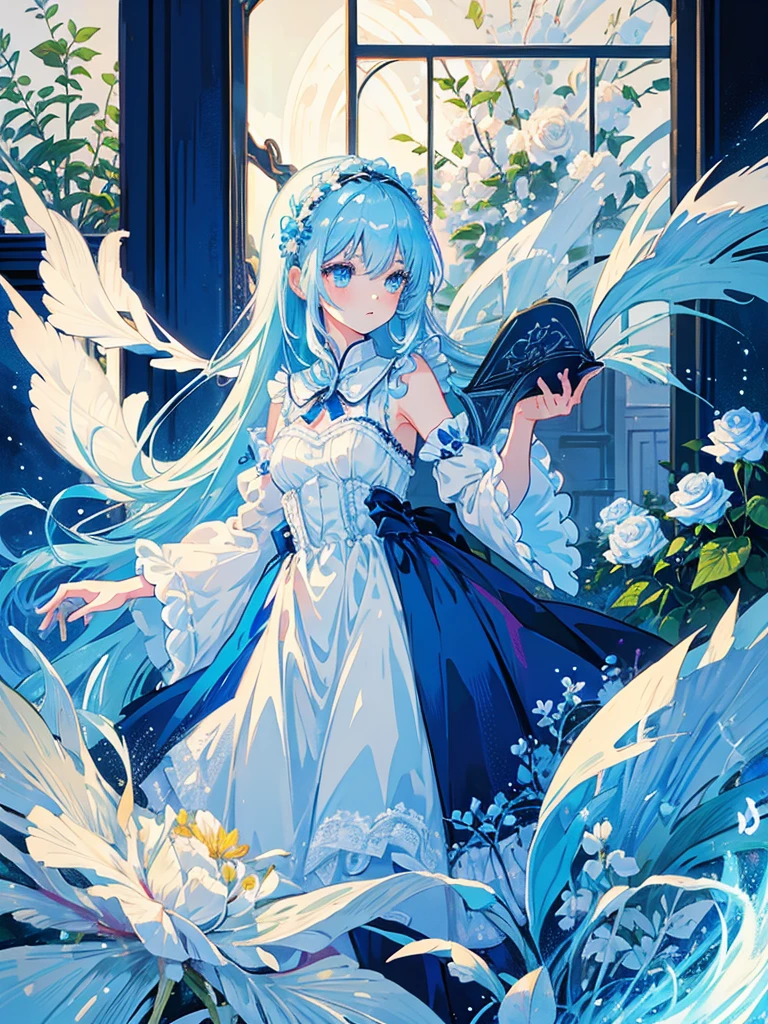 Anime illustration、masterpiece、high quality、Girl 、long hair、light blue、Hair that shines like silk、White rose hair accessory、Her eyes are blue and big and sparkling、Black eyelashes、Small breasts、The outfit is a one-piece with white lace pattern、The arms are accurate、The room is retro、antique、Several egg-like ghosts、There are flowers、Summer afternoon、