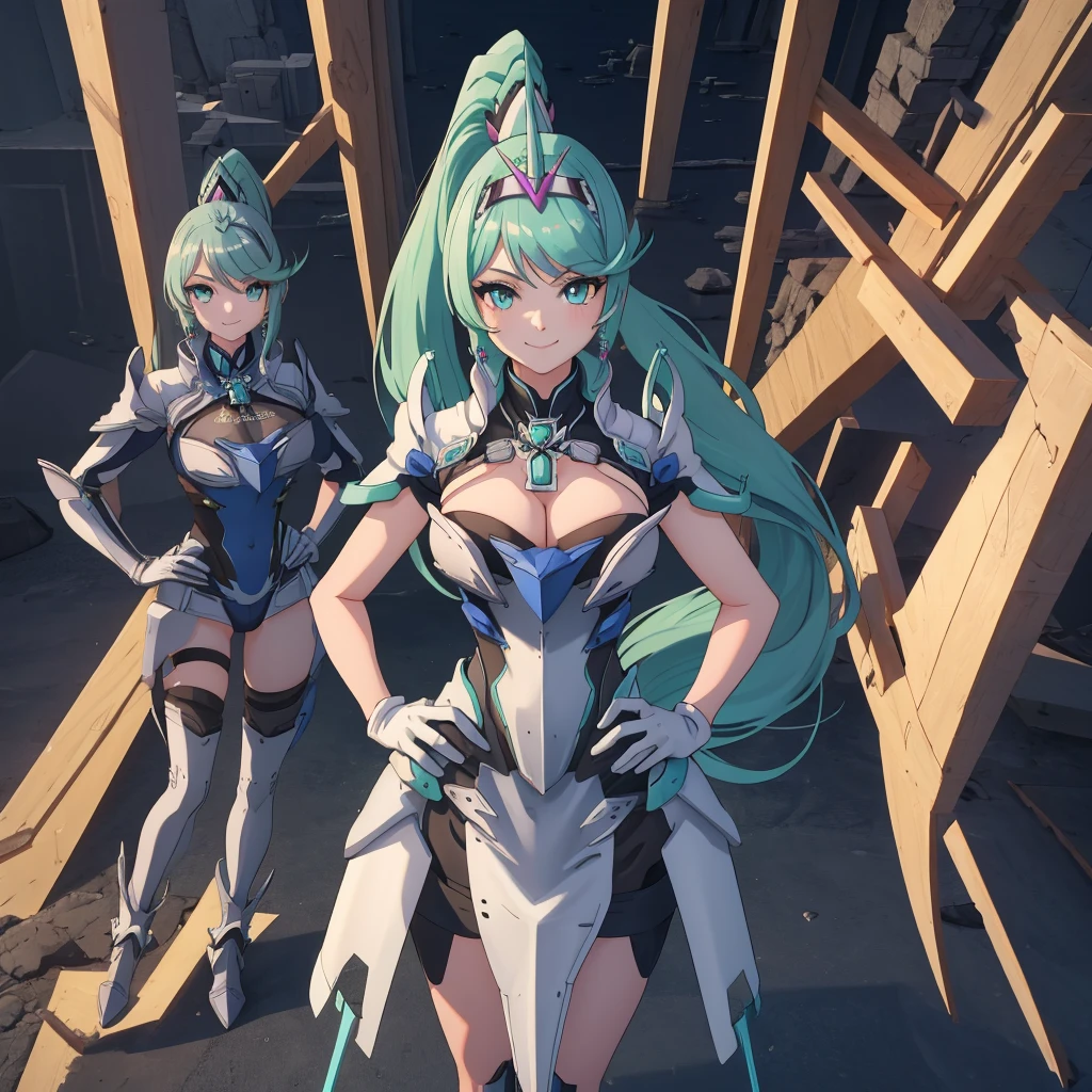 masterpiece, Highest quality, One girl, alone, Pneumadef, ponytail, tiara, Earrings, Chest jewels, armor, gloves, Hands on hips, View your viewers, smile