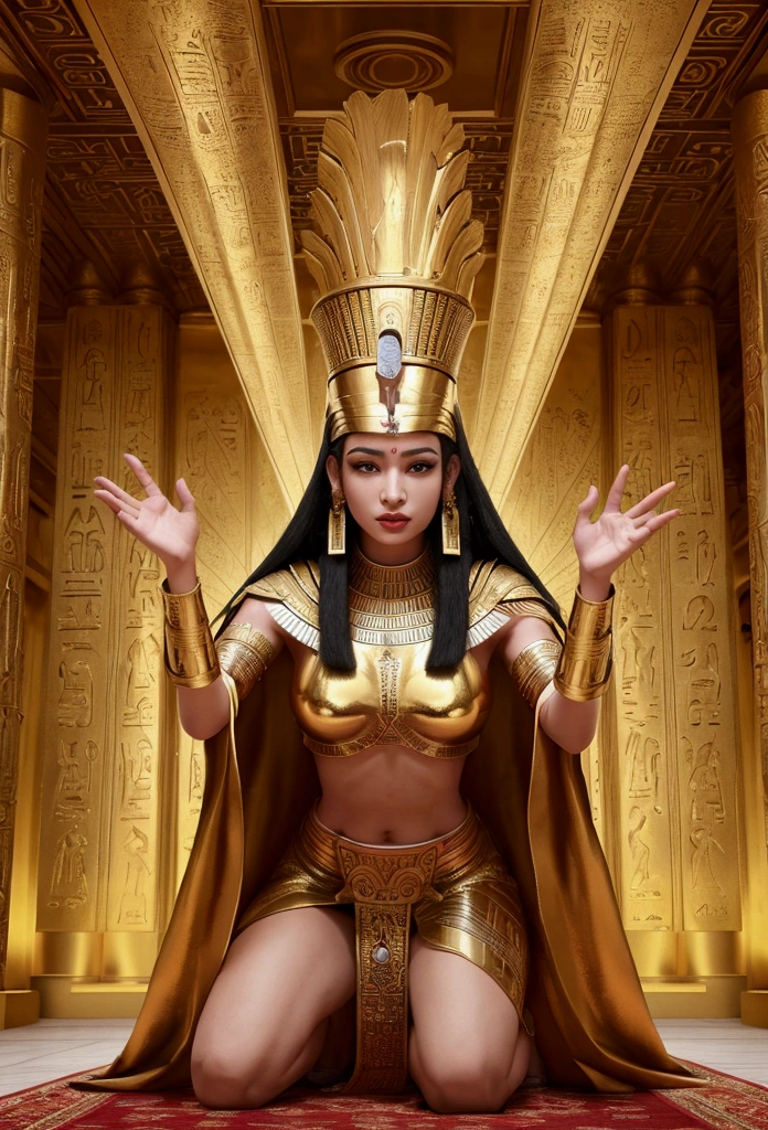 A highly realistic and cinematic scene: an Egyptian queen wearing a golden pharaoh's mask, standing in a grand golden temple, her arms dramatically outstretched towards the heavens, receiving a divine prophecy. Her loyal subjects kneel in reverence around her, their faces filled with awe and devotion. Golden light streams down from the heavens, illuminating the queen and casting intricate shadows on the temple walls. The background is filled with detailed carvings and hieroglyphs, adding to the ancient and mystical atmosphere. The camera captures the scene from the queen's front in a knee-length shot, focusing on her commanding presence and the dramatic lighting that emphasizes her divine connection. The overall composition includes dynamic movement, with the flowing robes of the queen and the gestures of the kneeling subjects, creating a powerful and moving image.