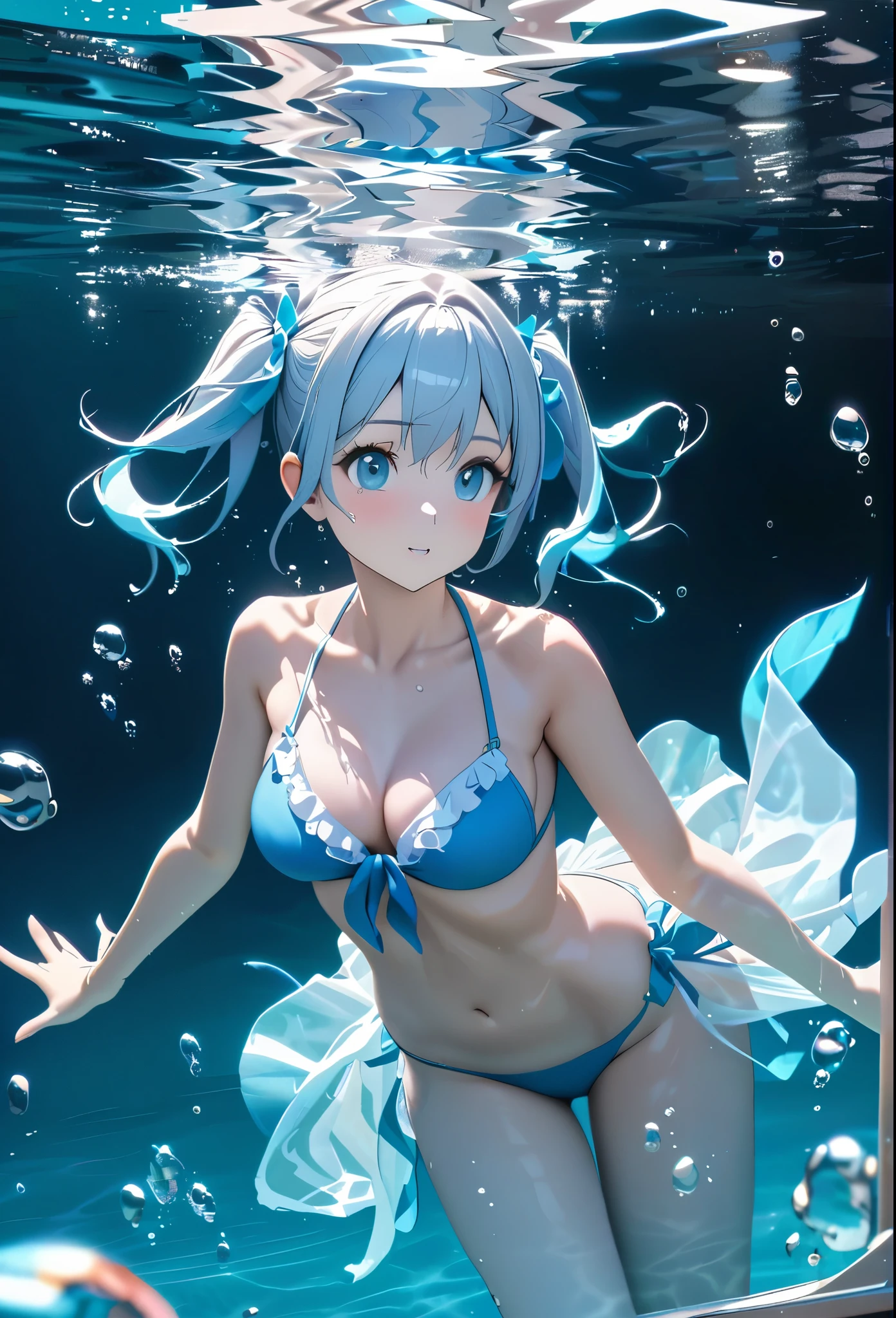 Very detailed, 8k, Glass, Water in a Glass, bubble, Right blue water, Nice, bright,pretty girl,Underwater,Twin tails,bikiniキラキラエフェクト, バックライト, アニメ,