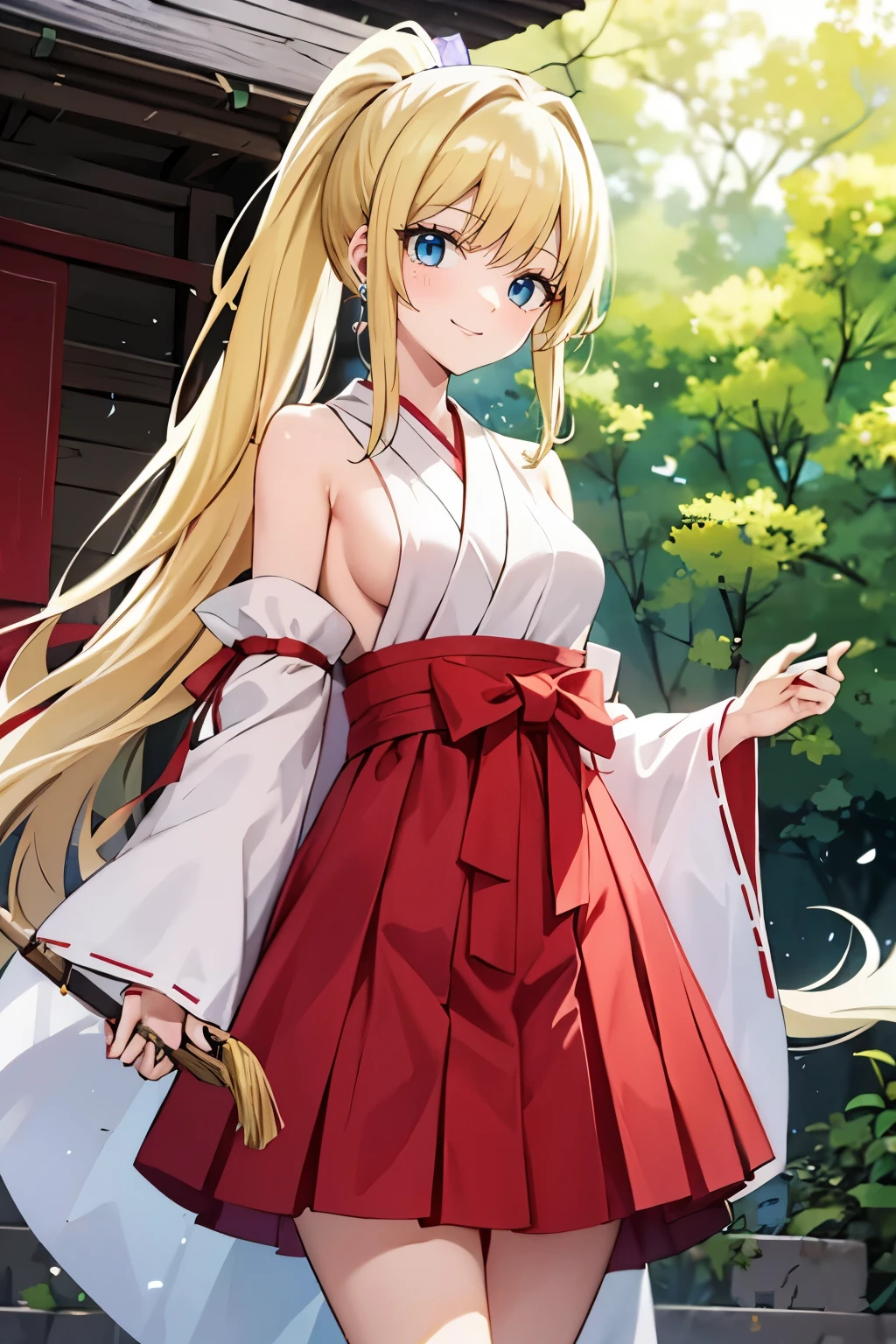 Safe for work, masterpiece, best quality, solo, 1 girl, (young female body:1.4), ( medium breasts), slender legs, golden yellow hair, extra long hair, blunt bangs, crystal blue eyes, very detailed eyes, forest shrine, standing, cute girl, cowboy shot, shrine maiden, ponytail, long dress, red long shrine maiden robe, detached sleeves, red hakama skirt, long skirt