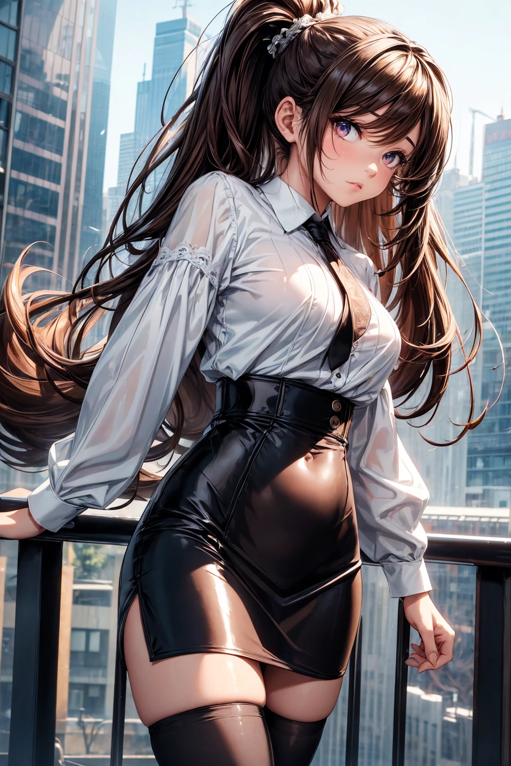 (masterpiece, Highest quality), Intricate details, 8k, Art Station, wallpaper, Official Art,  Sharp focus, One girl,Toned body、 Long Hair,ponytail,  Brown Hair, , office lady,White patent leather shirt、Black enamel tight skirt、tights、 printing, Hanging eyes、Cold Eyes , Muddy eyes、skyscraper, city, building, car, street,