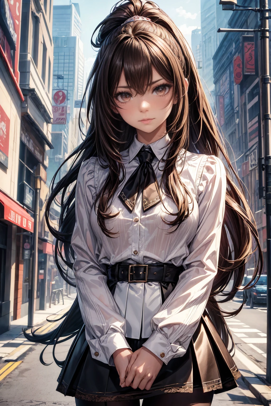 (masterpiece, Highest quality), Intricate details, 8k, Art Station, wallpaper, Official Art,  Sharp focus, One girl,Toned body、 Long Hair,ponytail,  Brown Hair, , office lady,White patent leather shirt、Black enamel tight skirt、tights、 printing, Hanging eyes、Cold Eyes , Muddy eyes、skyscraper, city, building, car, street,