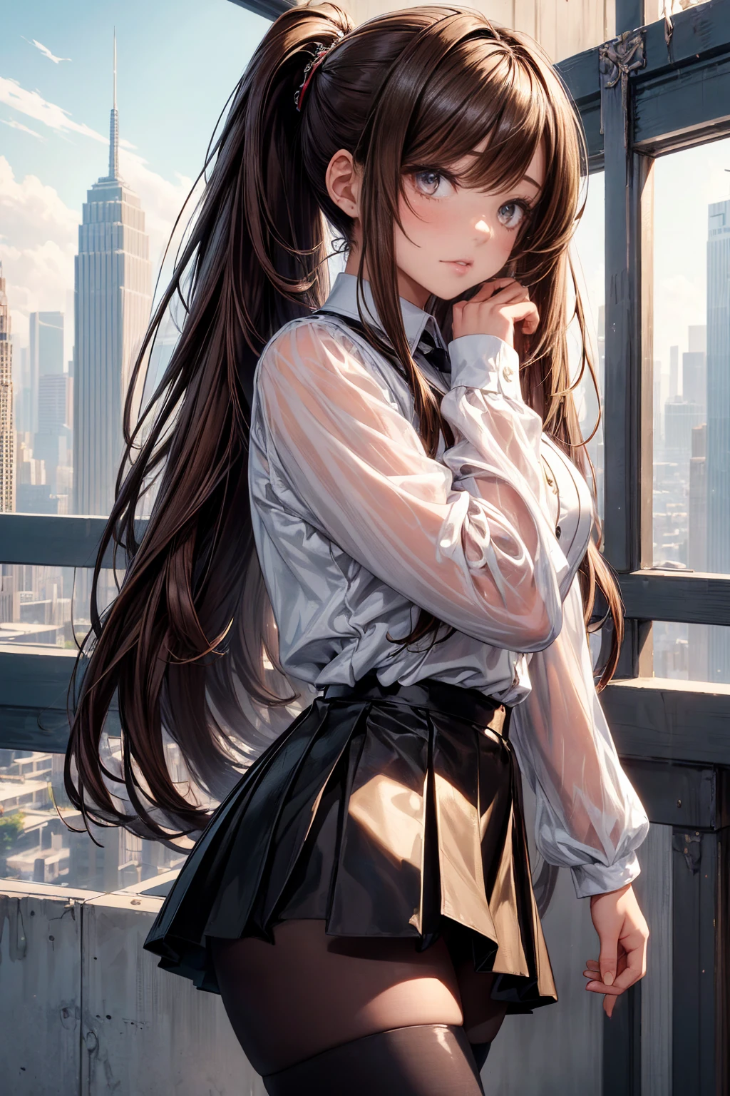 (masterpiece, Highest quality), Intricate details, 8k, Art Station, wallpaper, Official Art, Sharp focus, One girl,Toned body、 Long Hair,ponytail, Brown Hair, , office lady,White patent leather shirt、Black enamel tight skirt、tights、 printing, Hanging eyes、Cold Eyes , Muddy eyes、skyscraper, city, building, car, street,