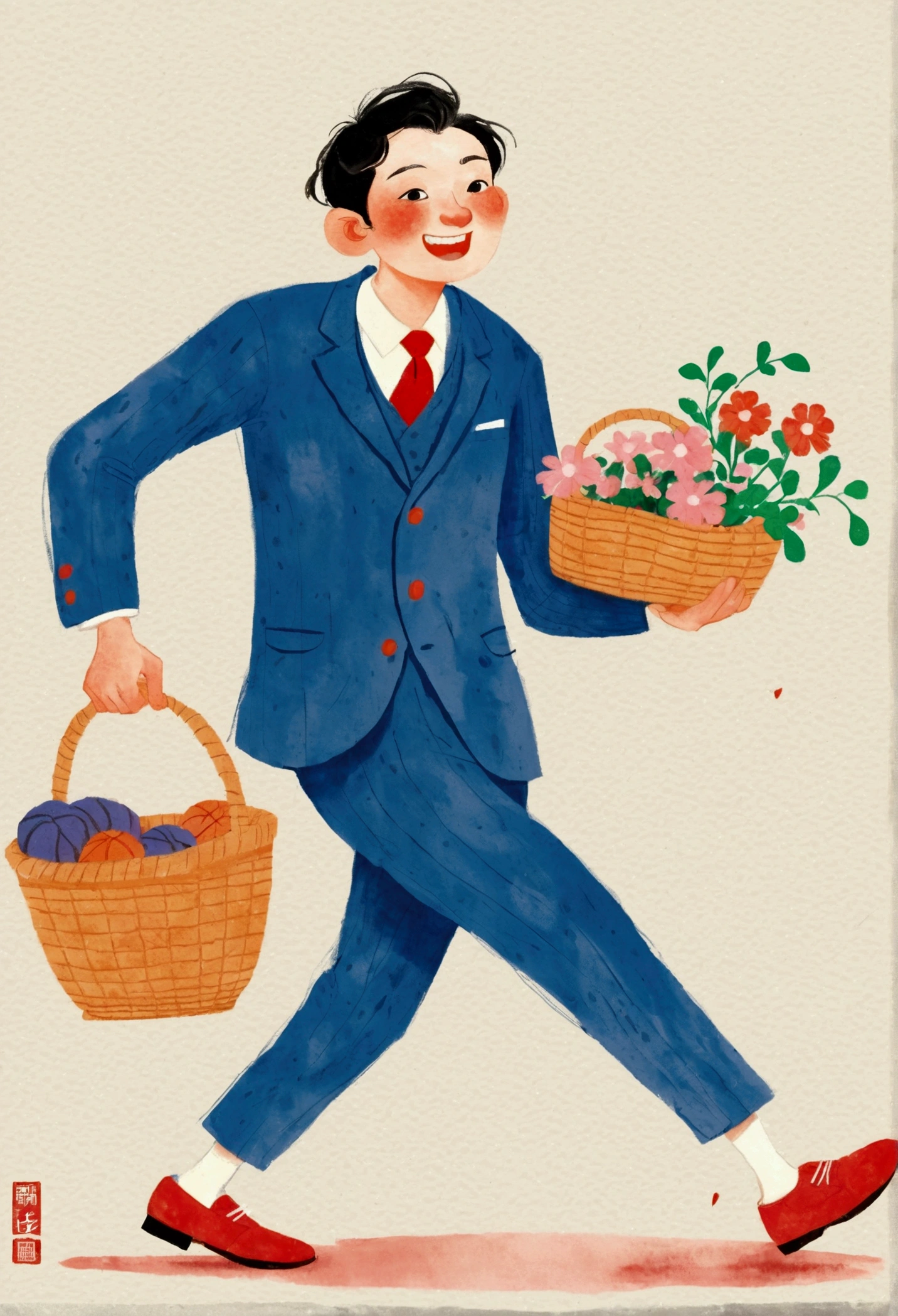 Cartoon illustration：A man in a blue suit and red shoes runs with a basket, by Qu Leilei, by Zou Yigui, inspired by Pan Tianshou, Ni Duan, Inspired by Chen Daofu, author：Yi Yinwen, A beautiful artistic illustration, inspired by Ding Guanpeng, Miyazaki&#39;s style, author：Yan Hui