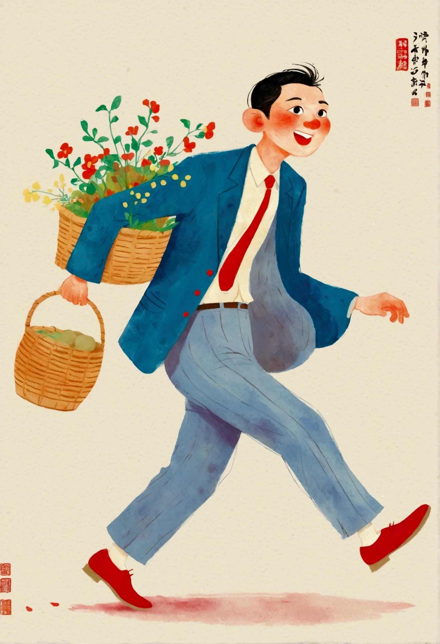 Cartoon illustration：A man in a blue suit and red shoes runs with a basket, by Qu Leilei, by Zou Yigui, inspired by Pan Tianshou, Ni Duan, Inspired by Chen Daofu, author：Yi Yinwen, A beautiful artistic illustration, inspired by Ding Guanpeng, Miyazaki&#39;s style, author：Yan Hui