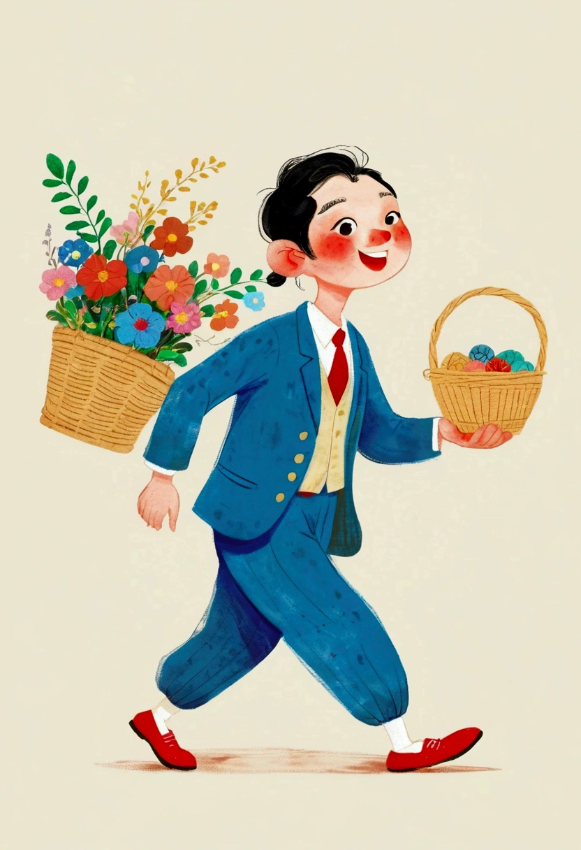 Cartoon illustration：A man in a blue suit and red shoes runs with a basket, by Qu Leilei, by Zou Yigui, inspired by Pan Tianshou, Ni Duan, Inspired by Chen Daofu, author：Yi Yinwen, A beautiful artistic illustration, inspired by Ding Guanpeng, Miyazaki&#39;s style, author：Yan Hui