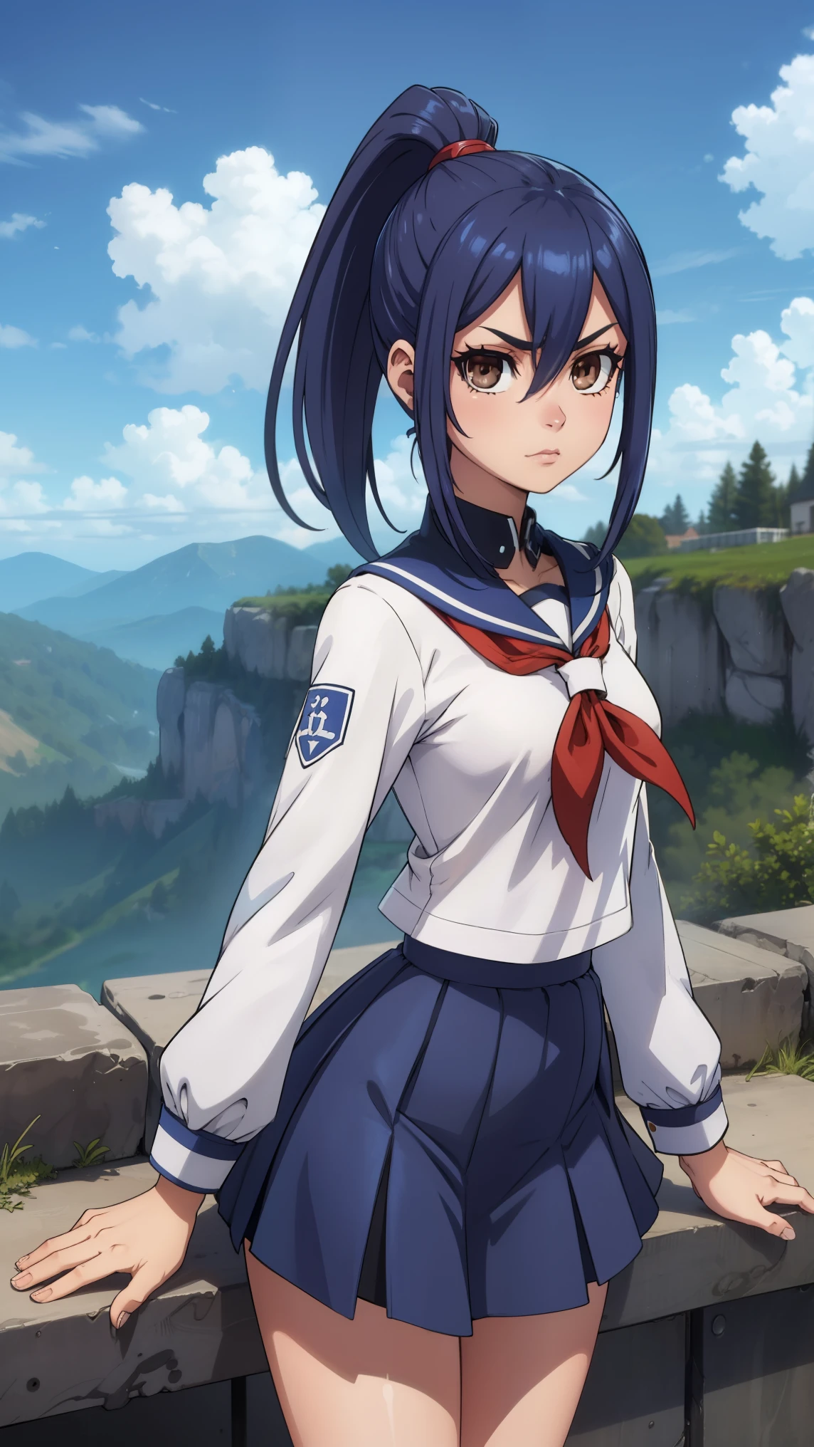 manatakamiya, mana takamiya, long hair, hair between eyes, (brown eyes:1.3), blue hair, ponytail, sidelocks,
BREAK (blue skirt, white shirt, serafuku:1.2),
BREAK outdoors, sky, clouds, sun, blue sky,
BREAK looking at viewer, (cowboy shot:1.5),
BREAK (masterpiece:1.2), best quality, high resolution, unity 8k wallpaper, (illustration:0.8), (beautiful detailed eyes:1.6), extremely detailed face, perfect lighting, extremely detailed CG, (perfect hands, perfect anatomy),