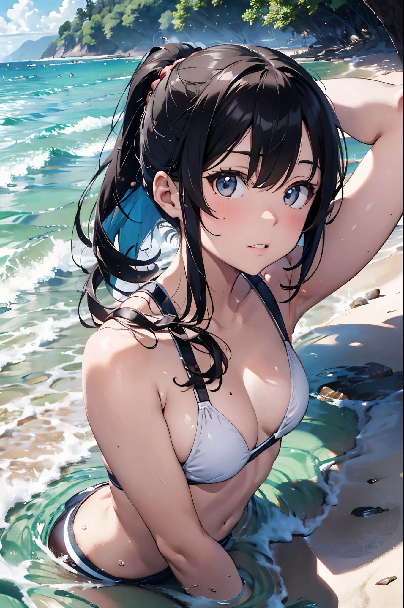 High resolution,topless、
One beautiful young woman,Light blue hair、ponytail、
(Soft Saturation:1.3), (Fair skin:1.2),
(ultra-Detailed Background, Detailed Background), Bokeh,
break&#39;Portrait of a smiling girl.,
When viewed from the front, The composition is symmetrical,
Looking straight at you with serious eyes,
break Swimwear, White Bikini, Center of chest, 
Outdoor, Sea surface, null, sunlight,Summer beach, Sandy Beach,
Strong light, Front lighting, 
(Teen:1.3), (Cowboy Shot:1.2),
Front brake angle,
View your audience,
Dynamic pose,
sitting on the beach

Seaweed、Seaweed、Seaweed、Seaweed、Seaweed、Seaweed、Seaweed、