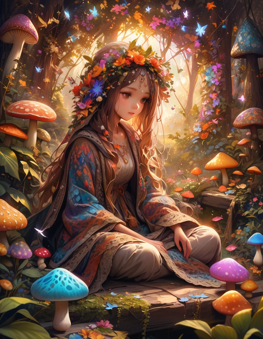 best quality,high resolution,masterpiece:1.2,Super detailed,actual,photoactual,psychedelic mushrooms,enchanted forest,Glowing Mushroom,dreamlike atmosphere,Floating spores,colorful vegetation,fairy lights,magical pattern,ethereal atmosphere,Whimsical fantasies,magical creatures,mysterious landscape,bright colors,Soft diffuse lighting,otherworldly beauty,Exquisite flora and fauna,mysterious light,unforgettably beautiful,transcend,peaceful atmosphere,mythology figure,Glowing leaves,magical light,Daydreaming,Serene and surreal,ethereal atmosphere,Whisper of magic,Engaging scenes,Hypnotic artwork,Sparkling portal,Mushroom wonderland,Magic lighting